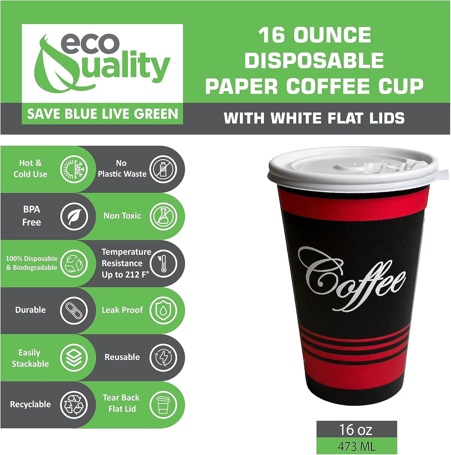 Restaurant Grade 16 Oz Paper Coffee Cups with White Lids - 300 Count By EcoQuality Disposable Cups For Hot and Cold Drinks. Great For Tea, Soda, Shops, Cafes, and Concession Stands