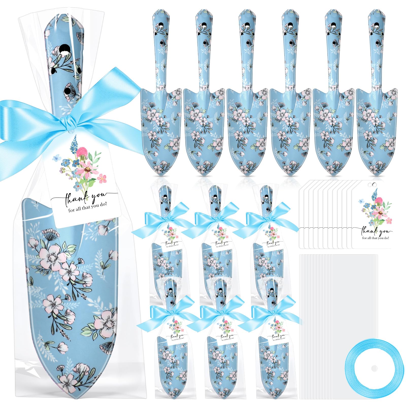 Capoda 12 Sets Floral Garden Shovels Bulk Gardening Gift for Women Garden Tools Floral Hand Heavy Duty Christmas Trowels Thank You Cards with Bags for Mom Gift Birthday Teacher(Blue,Bright)