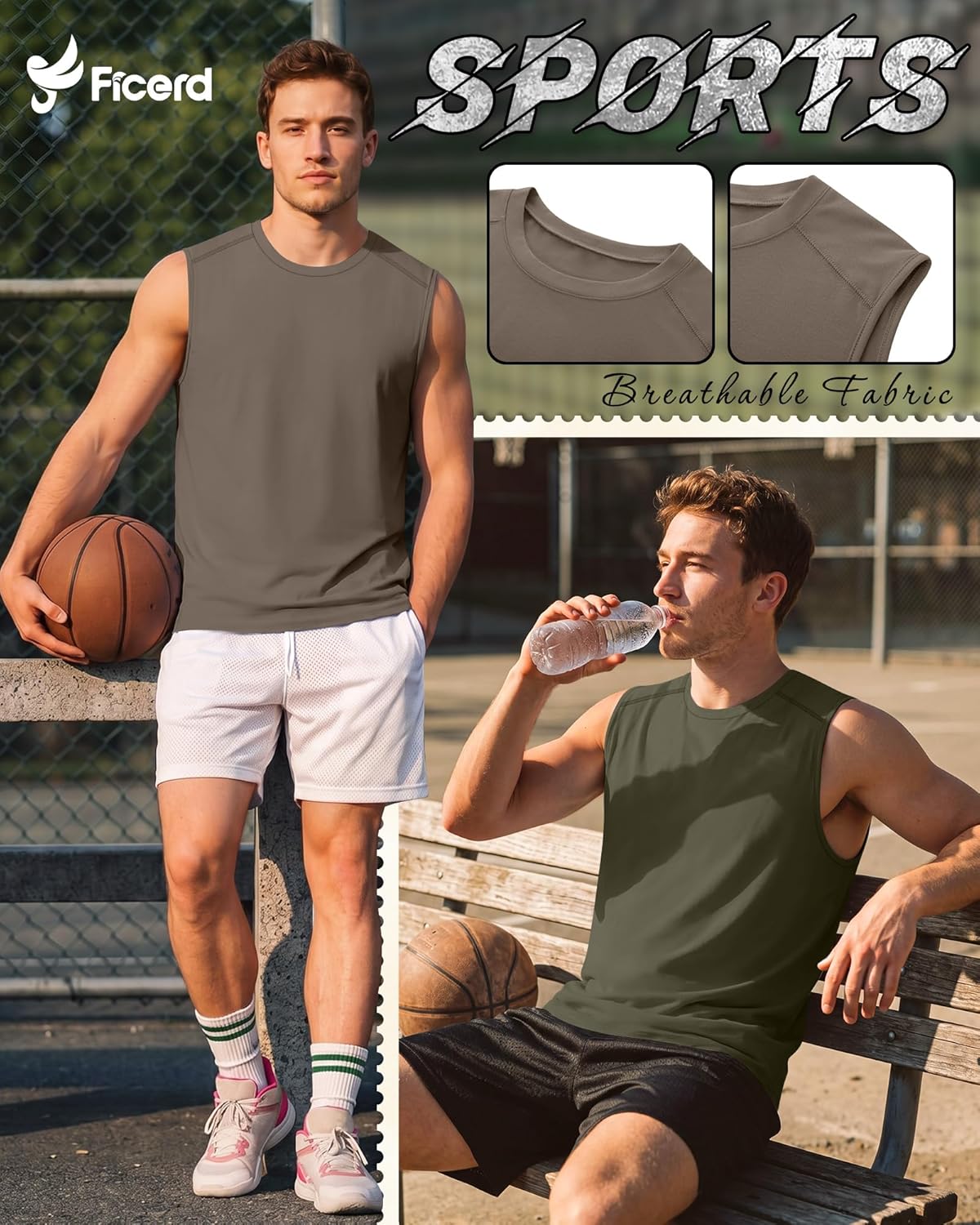 Ficerd 3 Pack Men's Sleeveless Tank Tops, Crewneck Casual Summer Tee Beach T Shirt Workout Run Gym Muscle Shirt