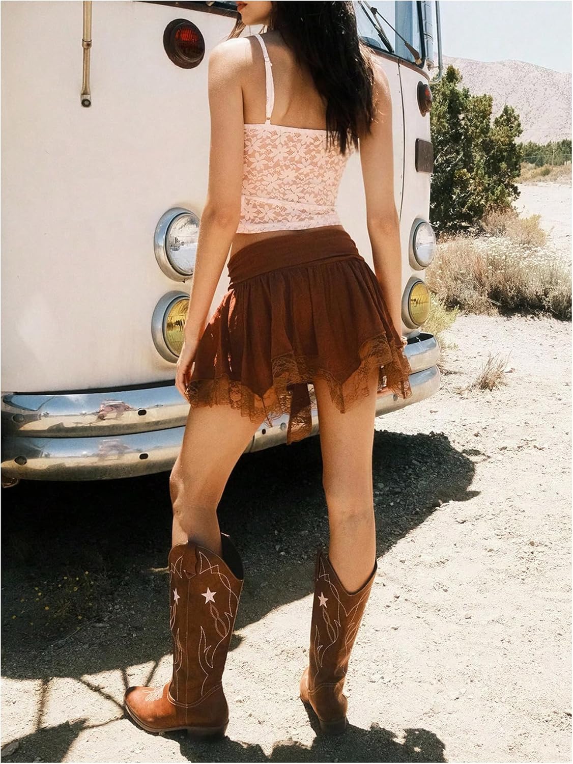 SHENHE Women's Y2k Low Rise Asymmetrical Mini Skirt Lace Flared Boho Western Fairy Skirt - Image 5