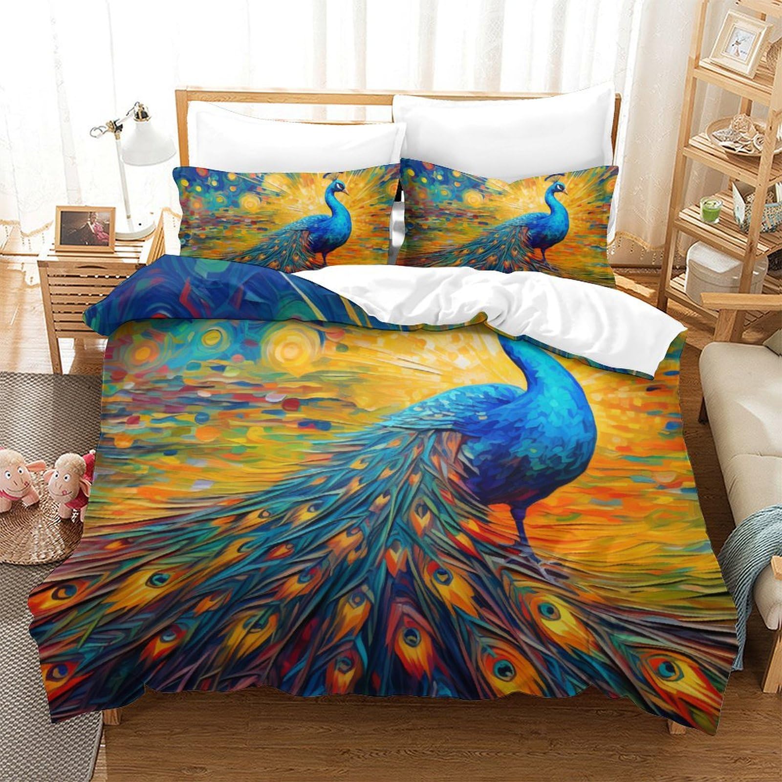 Housse de couette le paon 3D pour grand lit 260x220 cm sans pli gênant