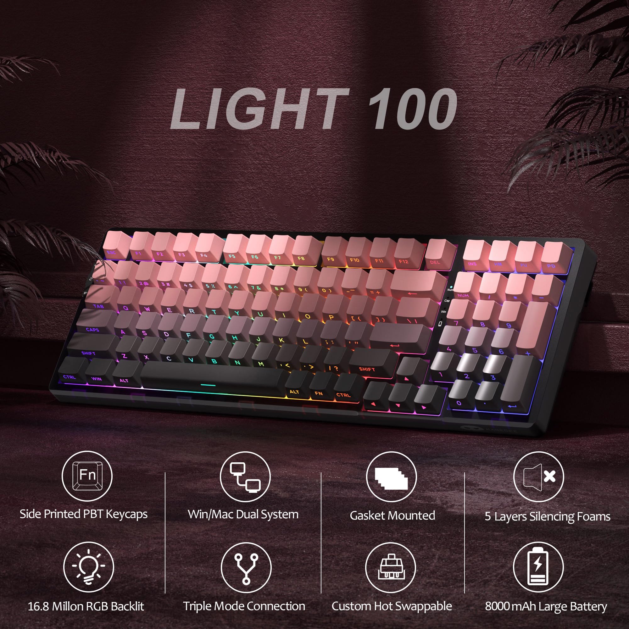 MageGee Clavier Gamer Mécanique | Clavier sans Fil Gamer Mécanique pour PC, PS5 | Structure Gasket, 2.4G/USB-C/BT5.0, Rétroéclairage RGB, Keycaps PBT à Impression Latérale