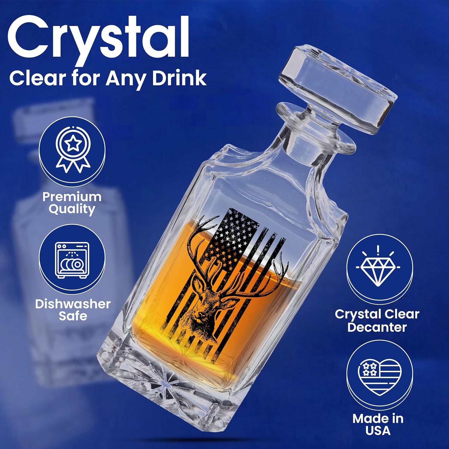 USA Tattered Flag Buck Deer Hunting Whiskey Decanter With Glass Stopper Custom Gift For Men Dad Veteran Father's Day Deer Hunter