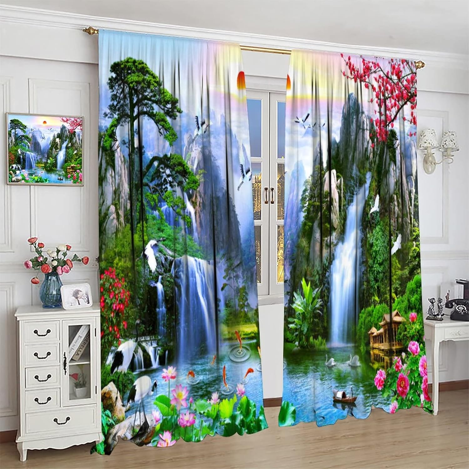 Waterfall Deocr Curtain, Surrounded Waterfall Rocky Lotus Fish Swan Landscapes Home Decor Windows Rod Pocket Curtain for Living Room Bedroom Kitchen Cafe Office Drapes 42" Wx54 L