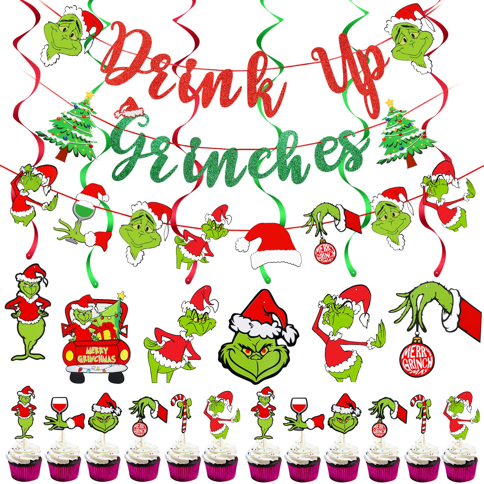 Green Glitter 'Drink Up Grinches' Banner – Merry Grinchmas Weihnachtsdeko, 9,4x9,9 Cm, Aus Glitzerkarton, Selbst Montierbar