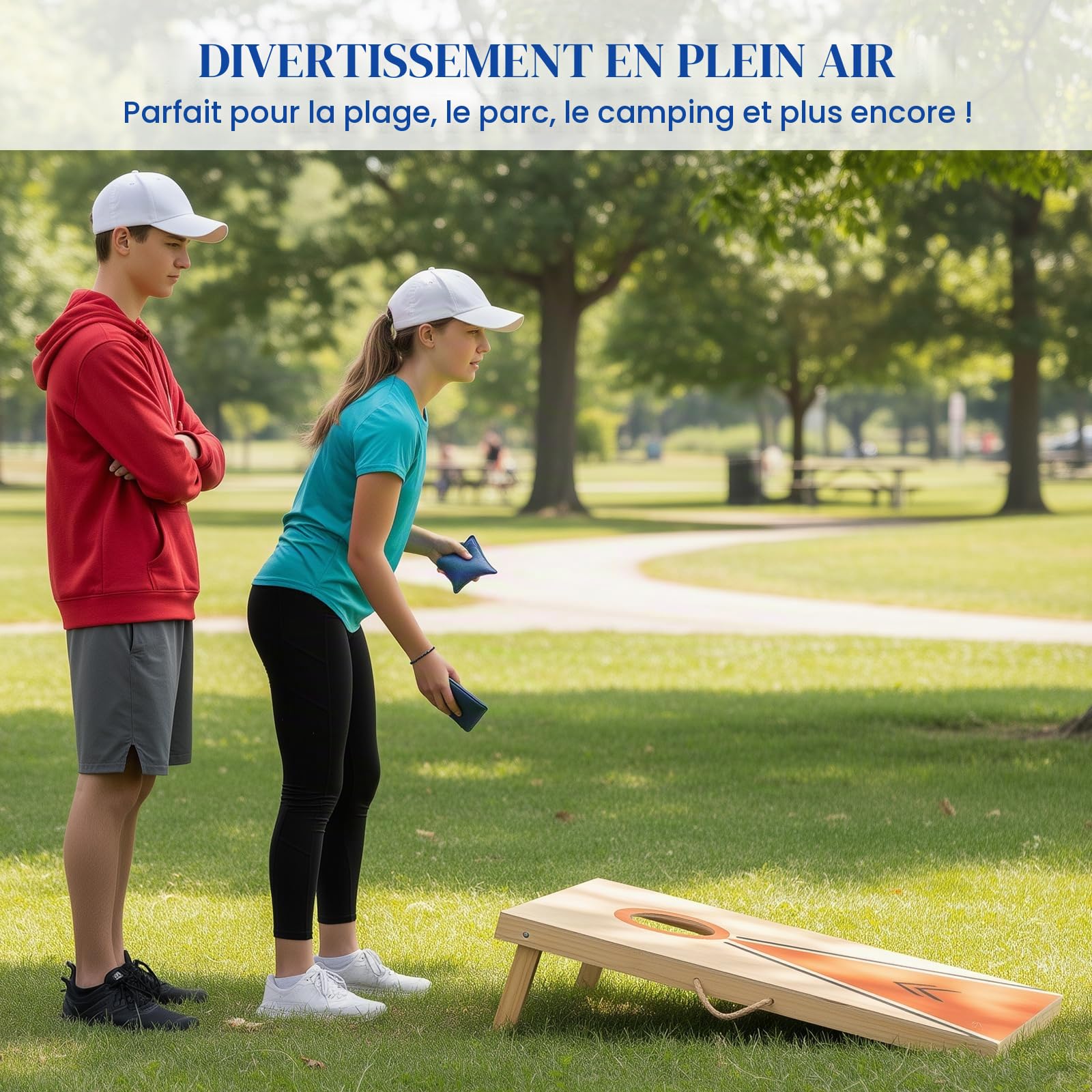 Cornhole Jeu de lancer de poufs – Rangement intégré, poignées de transport pratiques et 8 poufs de qualité supérieure