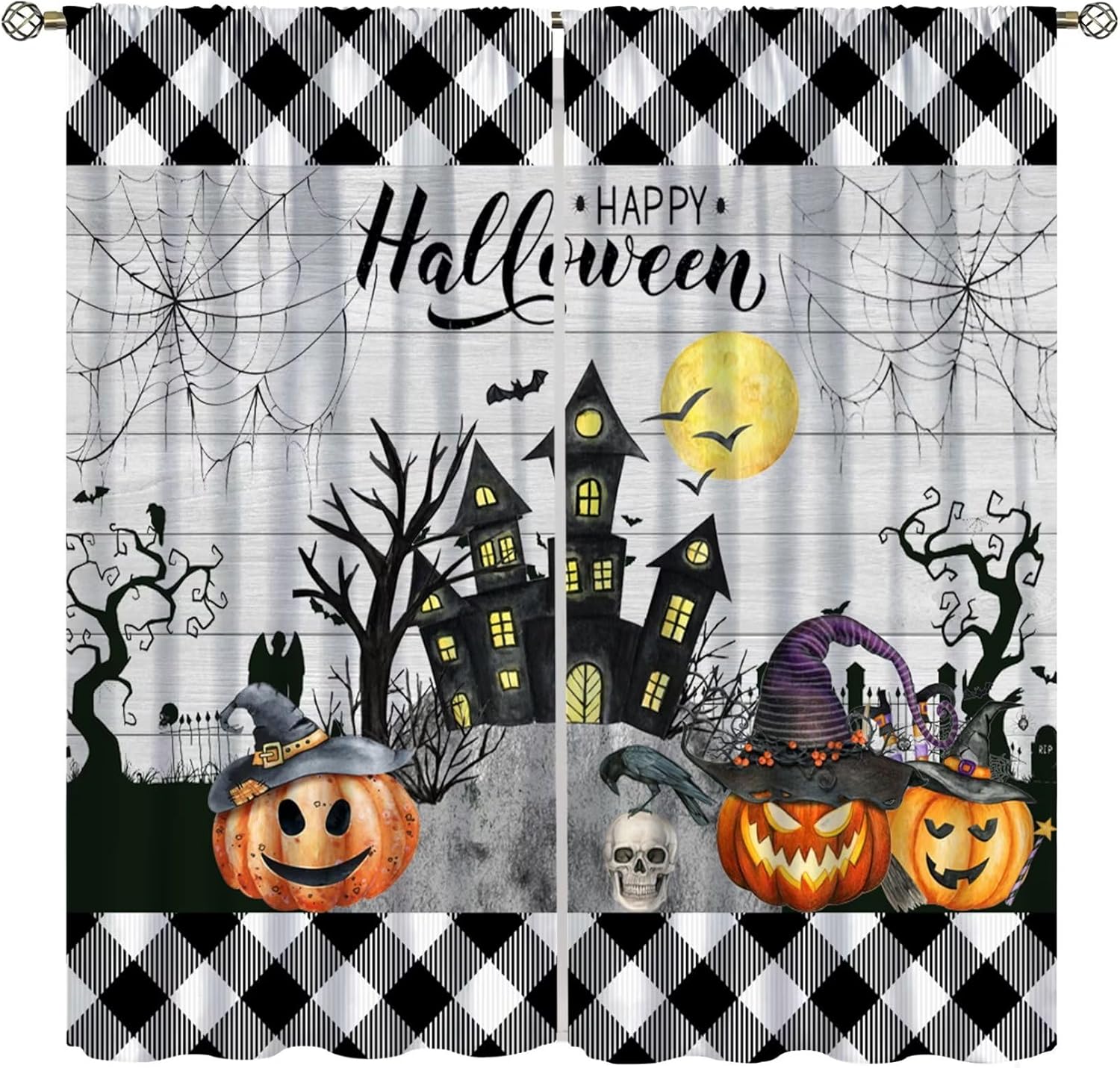 Halloween Curtains Orange and Black Autumn Pumpkin Spider Web Bats for Living Room and Bedroom Door Curtain Panel Decor for Halloween Window Decorations 42x54 inch Blackout