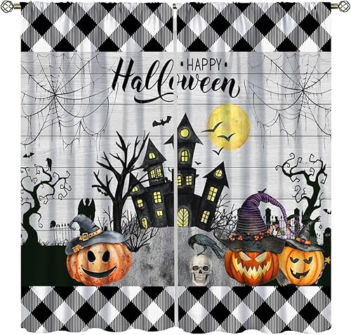 Cortinas de Halloween naranja y negro con diseño de calabaza, araña, murciélagos para sala de estar y dormitorio, decoración de panel de cortina de