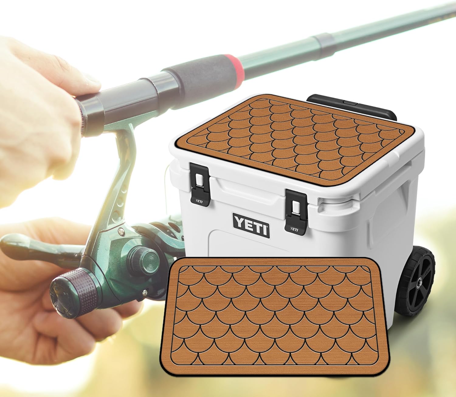 USATuff SeaDek EVA Mat Cooler Pad fits YETI | Peel & Stick Application | Non Slip Comfort Accessories - Scales Design (Mocha-Black)