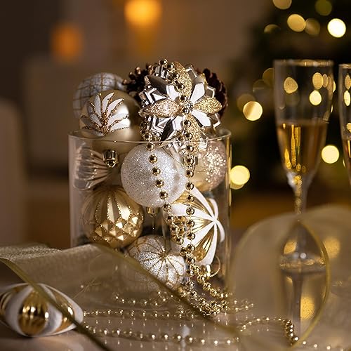 Miniatura 4 de Valery Madelyn Adornos para árboles de Navidad, 130 unidades, color blanco y dorado, irrompibles, elegantes adornos de bolas colgantes a granel para