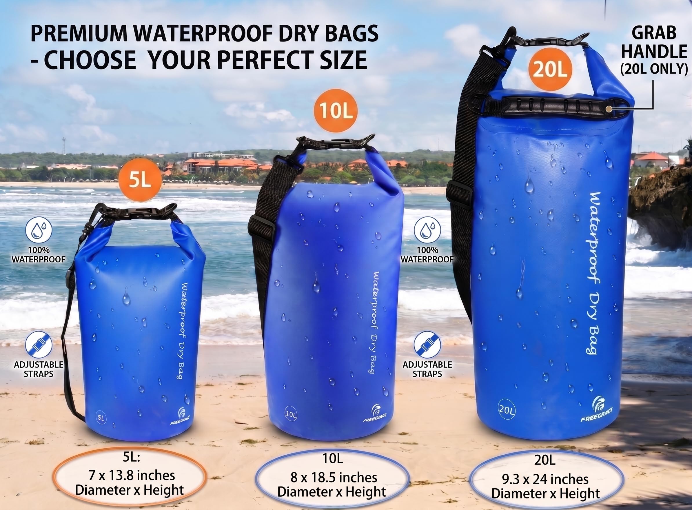 Set de 3 Sacos Secos a Prueba de Agua, por Freegrace – Saco Seco con 2 Sellos Ziplock y Correa Removible. Saco de Cintura y Estuche para Teléfono – Puede Ser Sumergido Bajo el Agua – Para Nadar, Montar Kayak, Montar en Bote, y Hacer Rafting