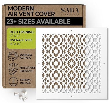 SABA Home Decor Air Vent Cover Grille - Acrylic Fiberglass 12" x 12" Duct Opening 14" x 14" Overall White Finish Decorative Register Covers for Walls and Ceilings, Charlotte 12" x 12", White