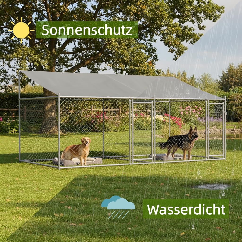 Hundezwinger mit Dach und Türen Grau 4x2x2 m, UV- & Wasserdicht Hundehütte Outdoor Hundehaus für große Hunde Garten, Verzinkter Stahl