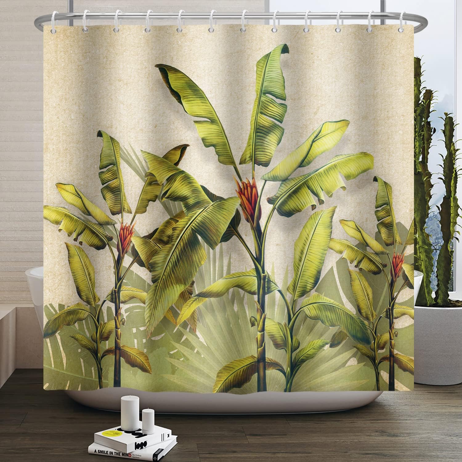 Bovlleetd 71x71inch Banana Leaf Shower Curtain Retro Plant Palm Bathroom Curtain Vintage Botanical Leaf Bath Curtain Tropical Jungle Shower Curtains Waterproof Bathtub Curtains with Hook - Image 5
