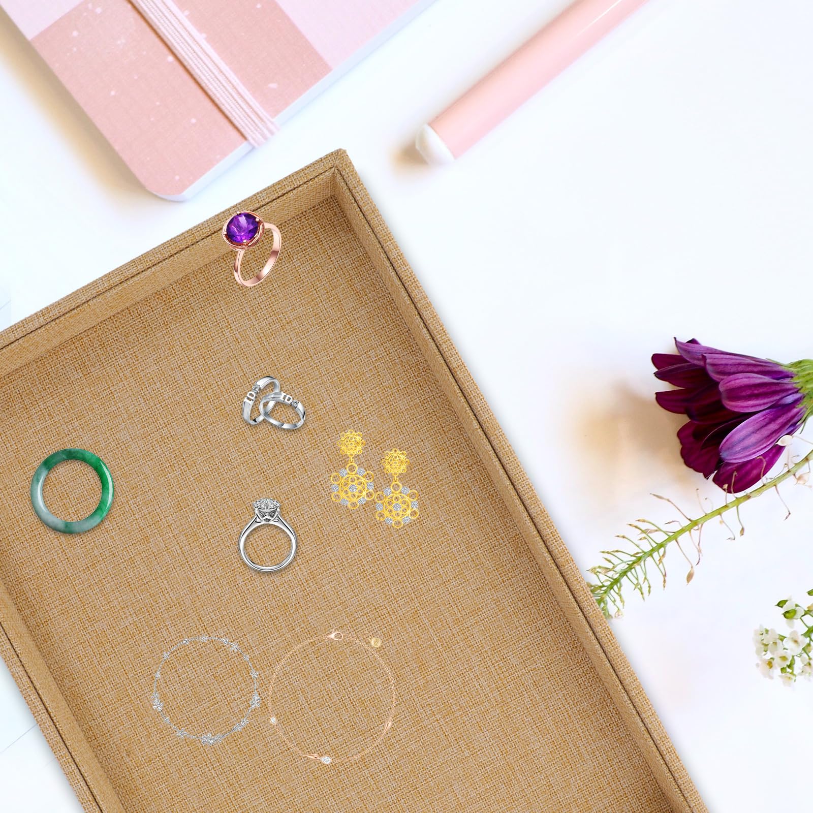 Angoily Organizador de Joyas de Sobremesa 3 Piezas de Lino Bandejas Apilables 12 y 24 Compartimentos para Anillos Pendientes y Collares Caja Decorativa para Accesorios Bijouterie en