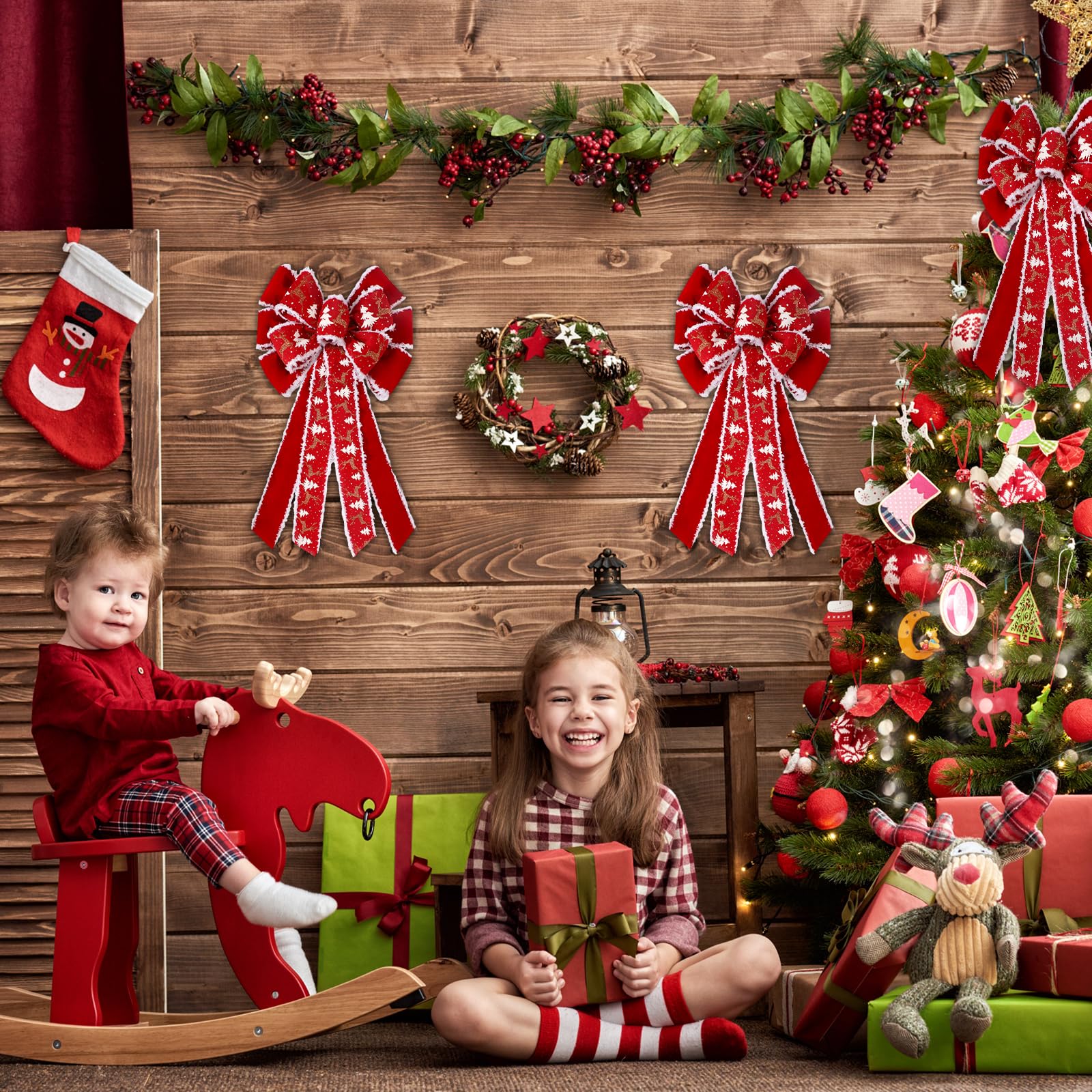 6 lazos rojos extragrandes para corona de Navidad para decoración al aire libre, 26 x 12 pulgadas, decoración gigante para árbol de Navidad, lazos de alce con purpurina, búfalo rojo para suministros