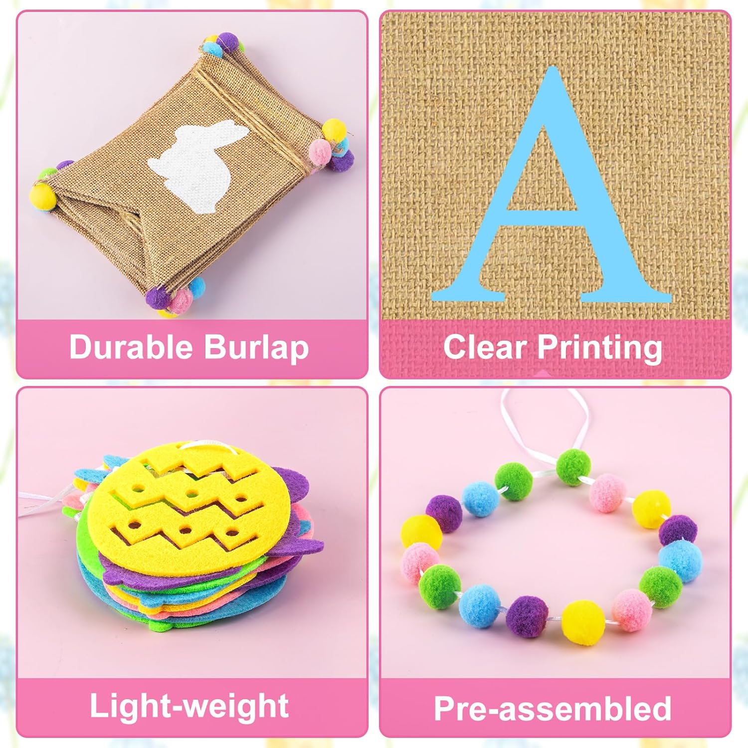 Ouddy Life 5Pcs Happy Easter Burlap Banner, Easters Felt Ball Bunny Garland with Pom Poms for Happy Easter Decorations Home Spring Farmhouse Mantle Office Party Kids Egg Hunts Indoor Outdoor Decor