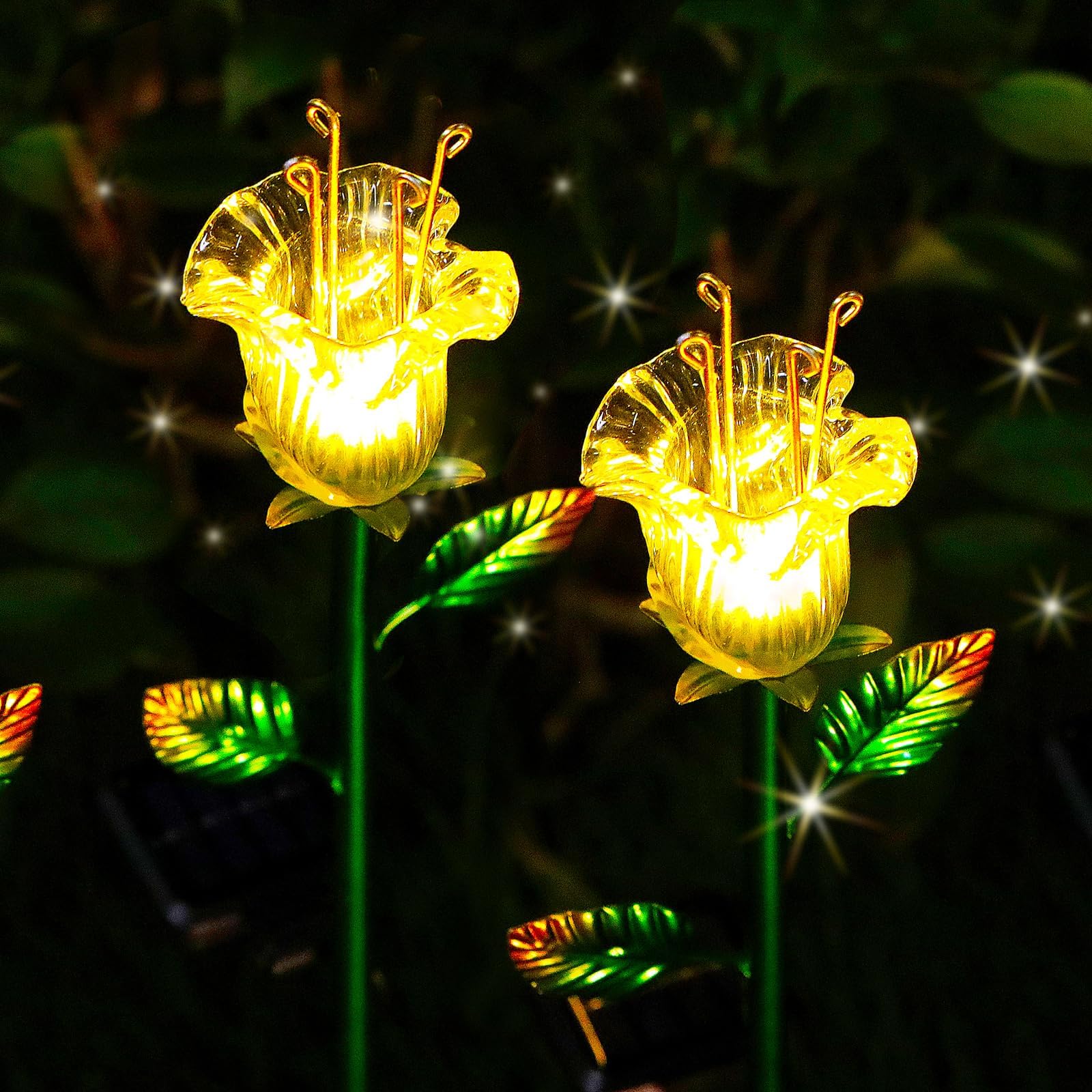 Solar Decorative Flowers 2 Pack - Waterproof Yellow Glass Lily Flower Lights, Auto ON/OFF for Garden, Patio, Backyard