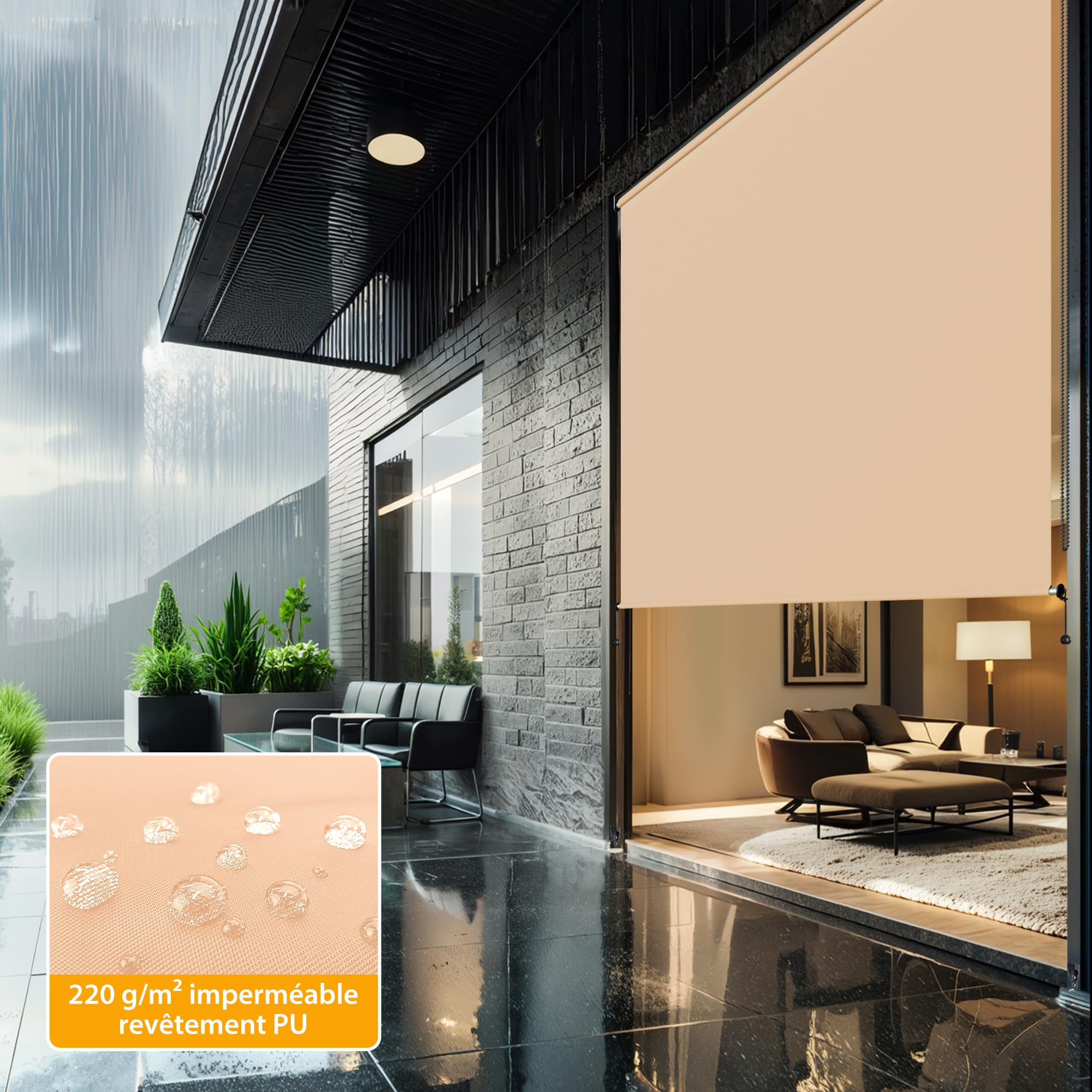 HOMEDEMO Store Enrouleur Exterieur Vertical de Balcon, 220 g/m² pour Une Bonne résistance, Khaki,160l x 160L cm, Protection Contre Les UV 50+