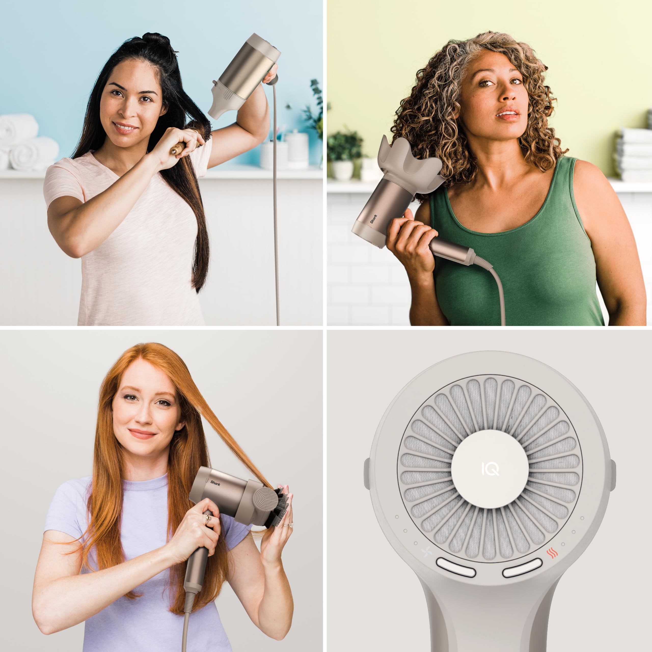 Shark STYLE iQ Sèche-cheveux et styler 3-en-1, brosse de style, concentrateur, diffuseur de boucles, ionique, séchage rapide, sans dommage thermique, diffuseur d'air froid, couleur champagne HD120SLEU