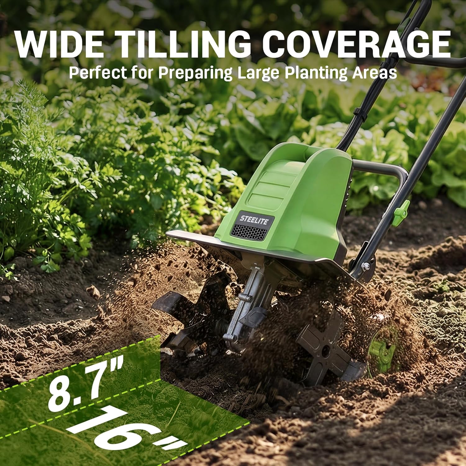 STEELITE 16-Inch Corded Electric Tiller showing wide tilling coverage of 16 inches width and 8.7 inches depth.