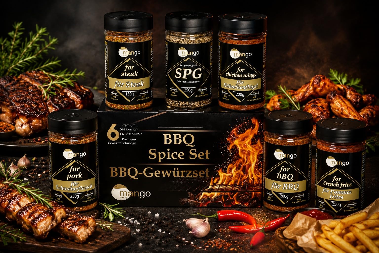 Grillgewürz Geschenkset – 6 Premium Gewürzmischungen für BBQ, Steak, Chicken Wings, Schweinefleisch, Pommes, SPG (Salz-Pfeffer-Knoblauch) – Natürliche Gewürzmischung, ideal als Geschenk für Grillfans