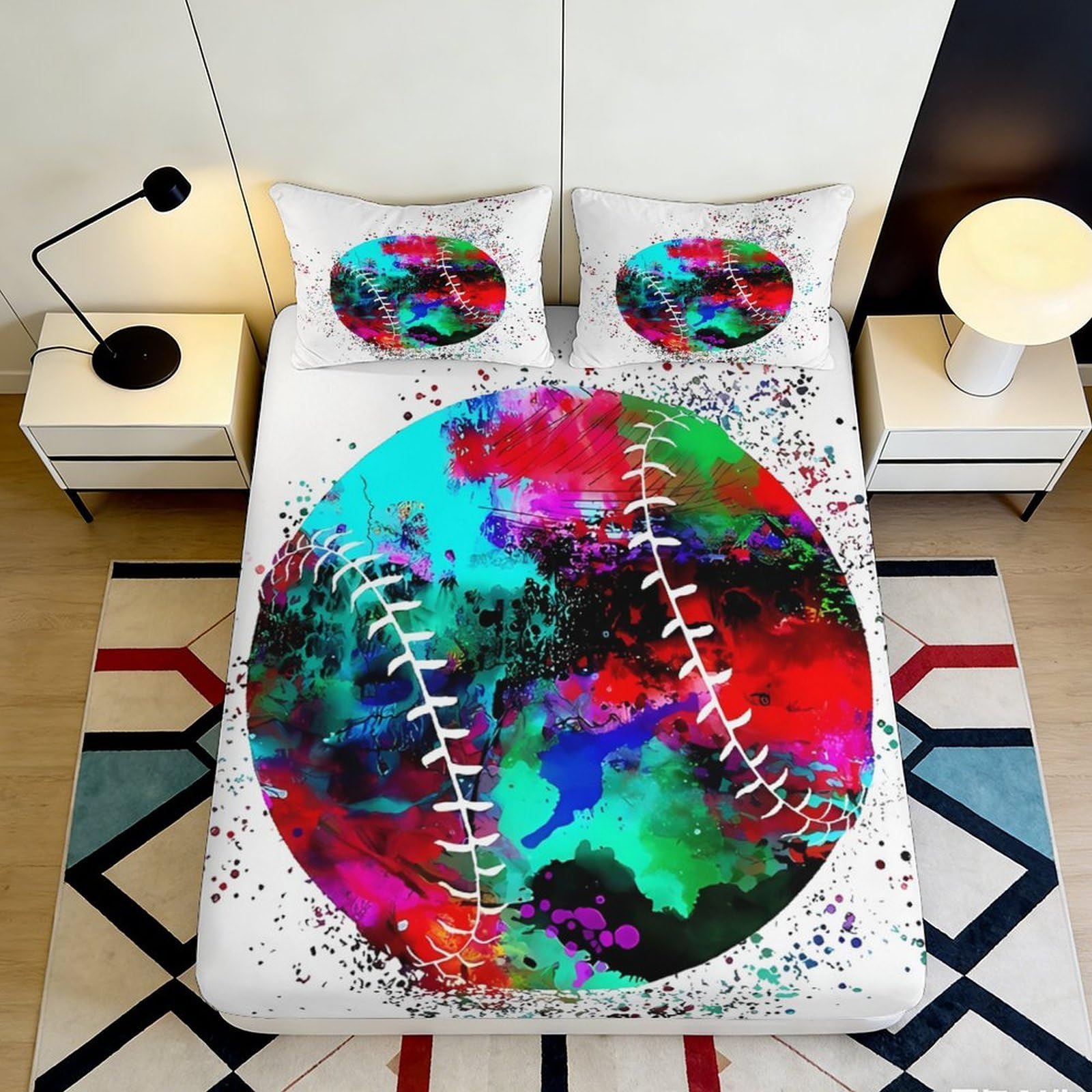 3D Printed Colorful Baseball Art Fitted Sheet Microfiber Soft Breathable Splatter Pattern Bed Cover for Bedroom Dorm Decor 160x200x25cm