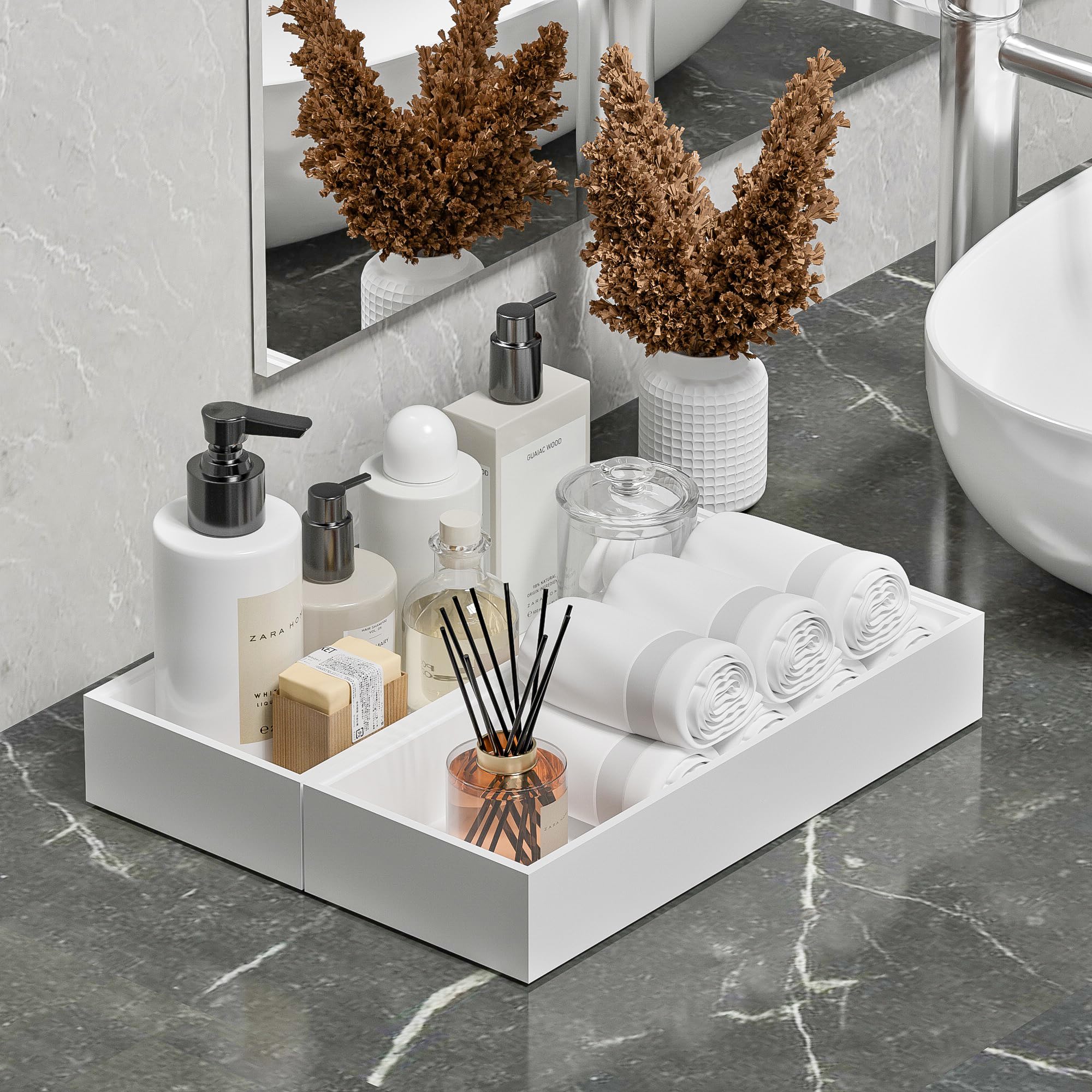 Almacenamiento de papel higiénico blanco, bandeja de bambú para organizadores y almacenamiento de baño, cesta de tanque de inodoro profundo, bandeja apilable de madera para decoración de