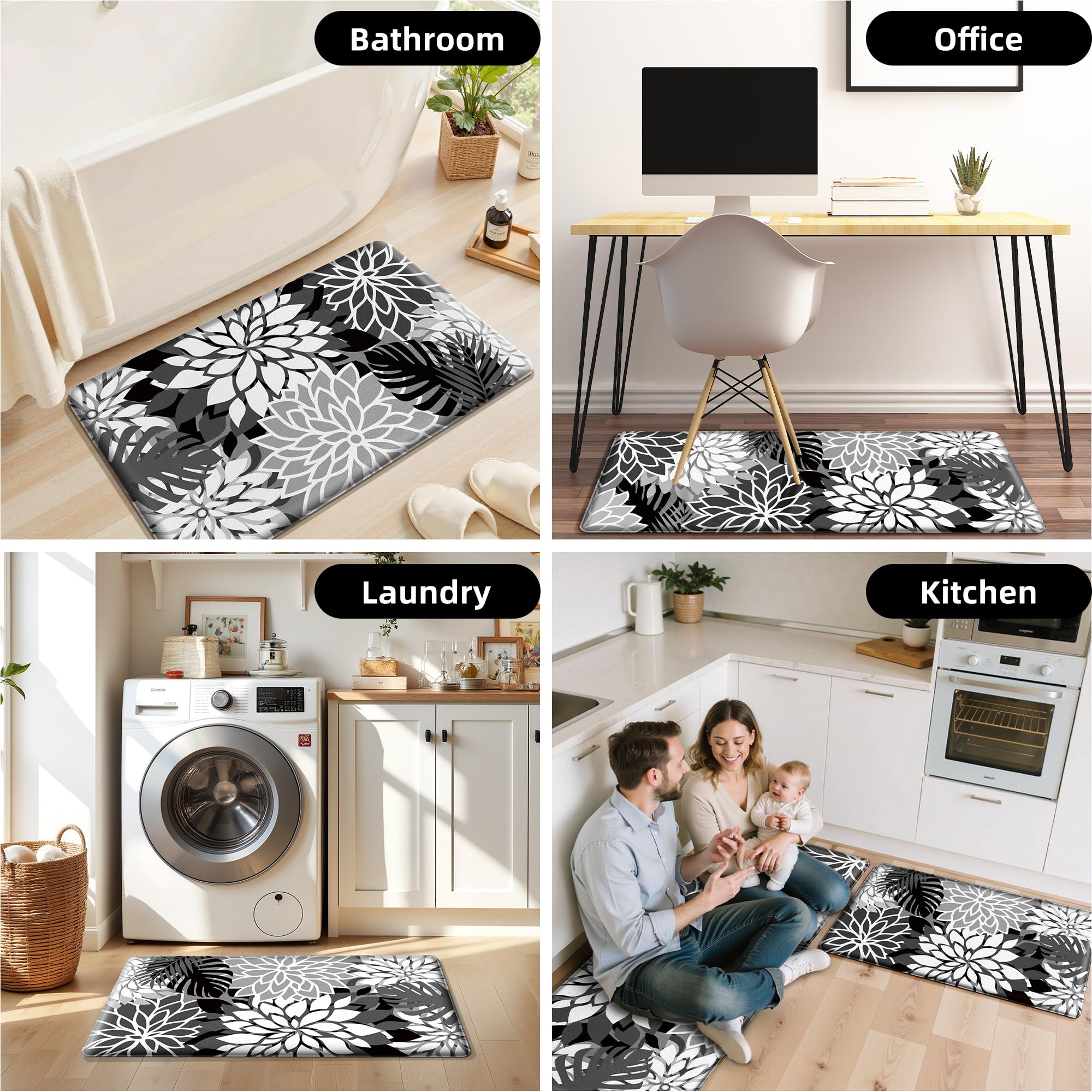 Arenarug Kitchen Mats for Floor 2 Piece Cushioned Anti Fatigue Kitchen Mats Waterproof Non Slip Kitchen Mat Rug Set Comfort Foam Standing Mat for Sink, Laundry, Office, Black White: Black White 17.3"x30"+17.3"x47"-0.4 inch