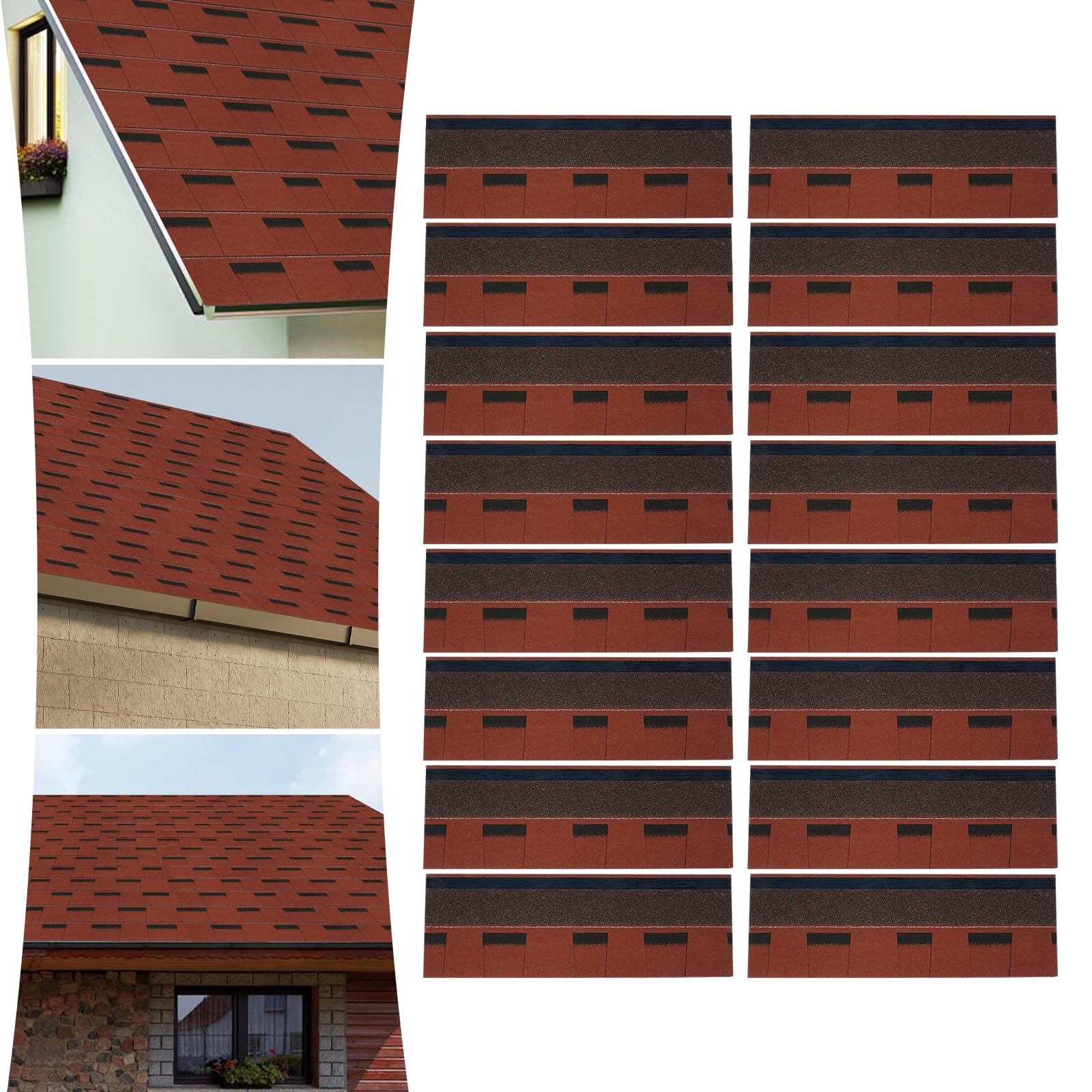 Juego de tejas de asfalto (16 piezas) para 2,32 m² | 5,3 mm de grosor con núcleo de fibra de vidrio y autoadhesivas, color rojo – Impermeable, resistente a los rayos UV, aislamiento térmico para