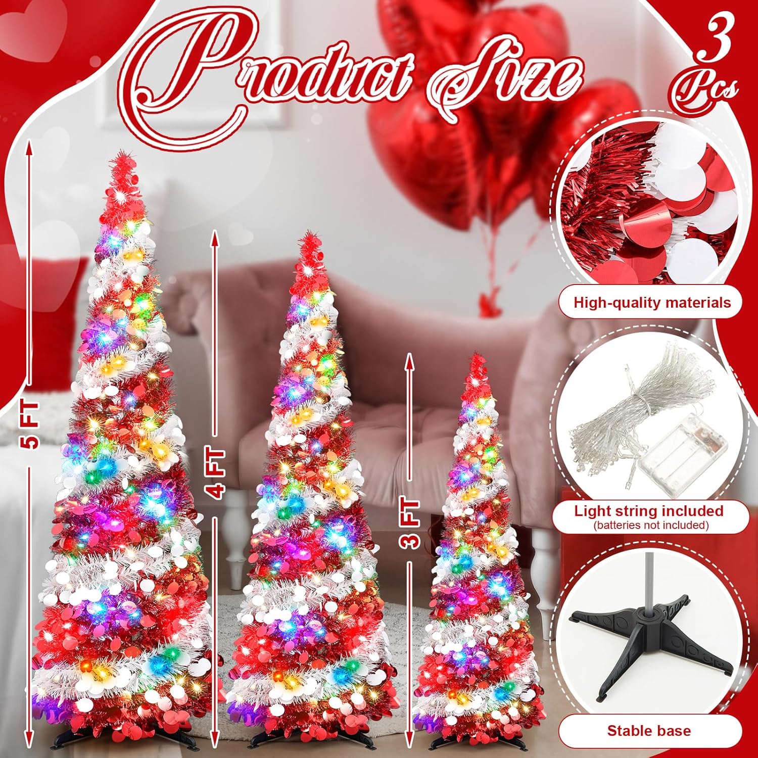 Leyndo 3 Pcs Pop up St. Patrick's Day Tree with LED Light 3, 4, 5 ft Pre Lit Artificial Collapsible Valentine's Day Tree Red White Pencil Sequin Christmas Decoration for Irish Saint Patricks Day