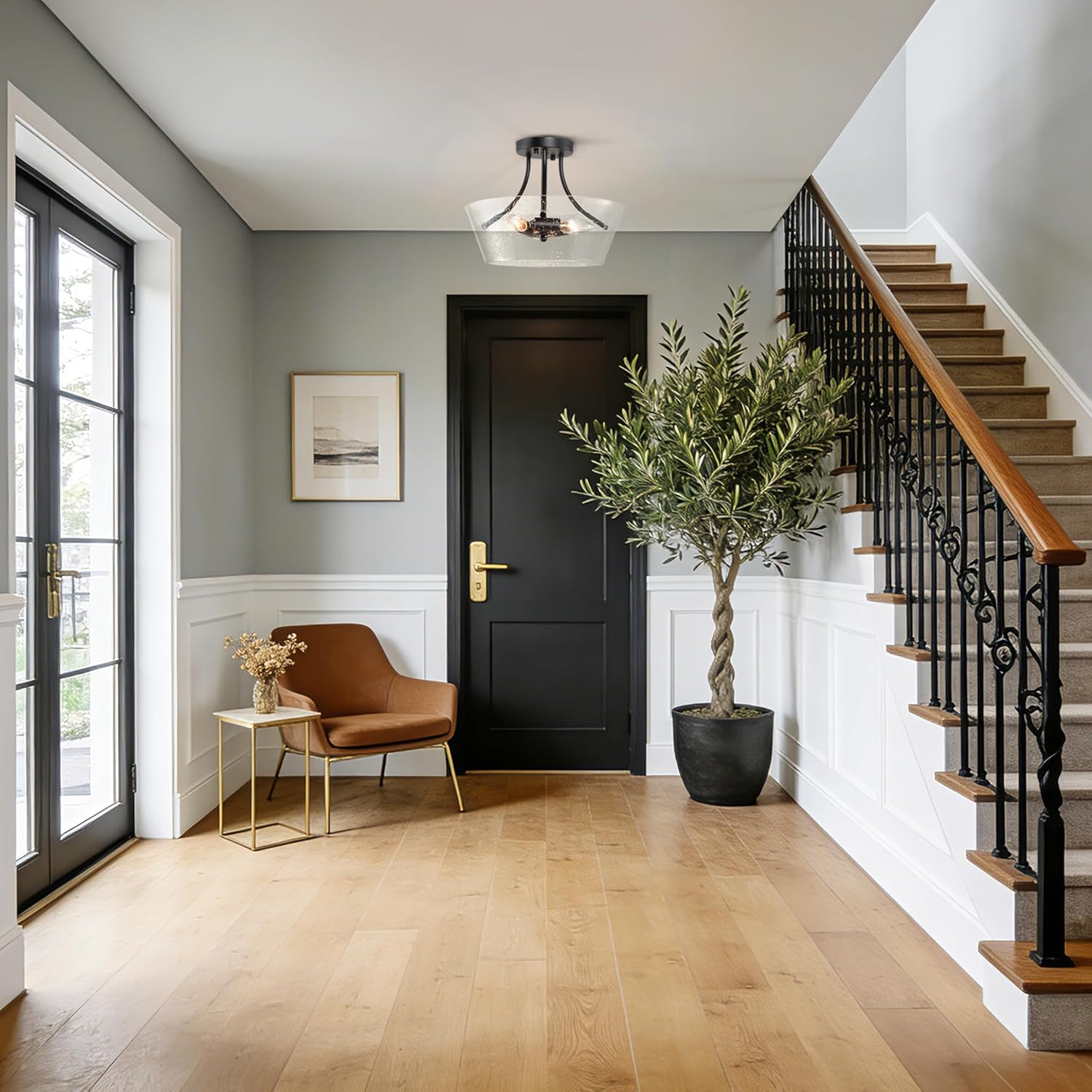 LALUZ 3-Light Semi Flush Mount Ceiling Light, 13” Seeded Clear Glass Black Drum Flush Mount Light for Bedroom, Hallway, Kitchen, Entryway