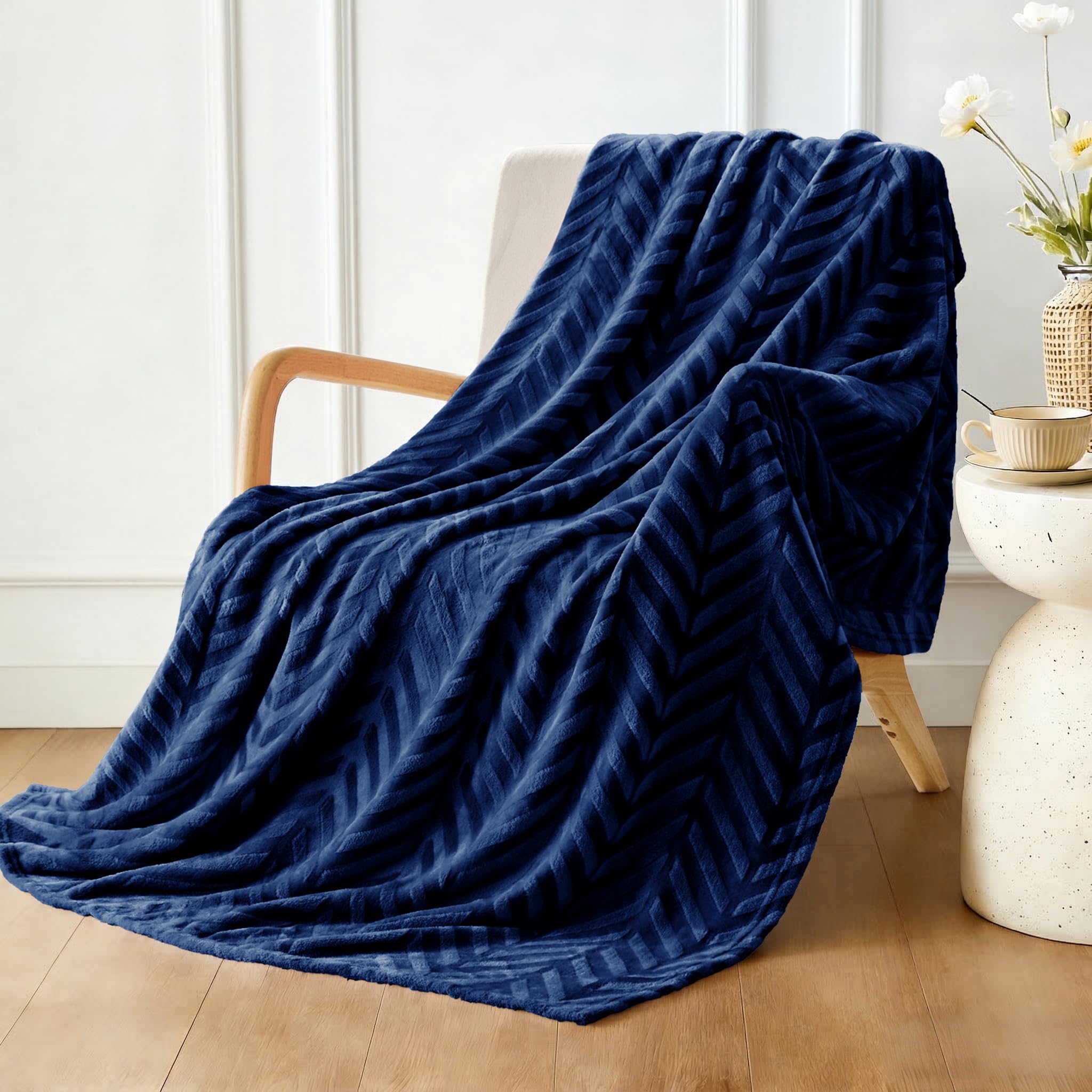 Whale Flotilla Navy Blue Flannel Fleece Throw Blanket For Sofa, 130X150 Cm Soft Fluffy Velvet Sofa Blanket With Decorative Chevron Pattern For All Season, Warm And Lightweight,