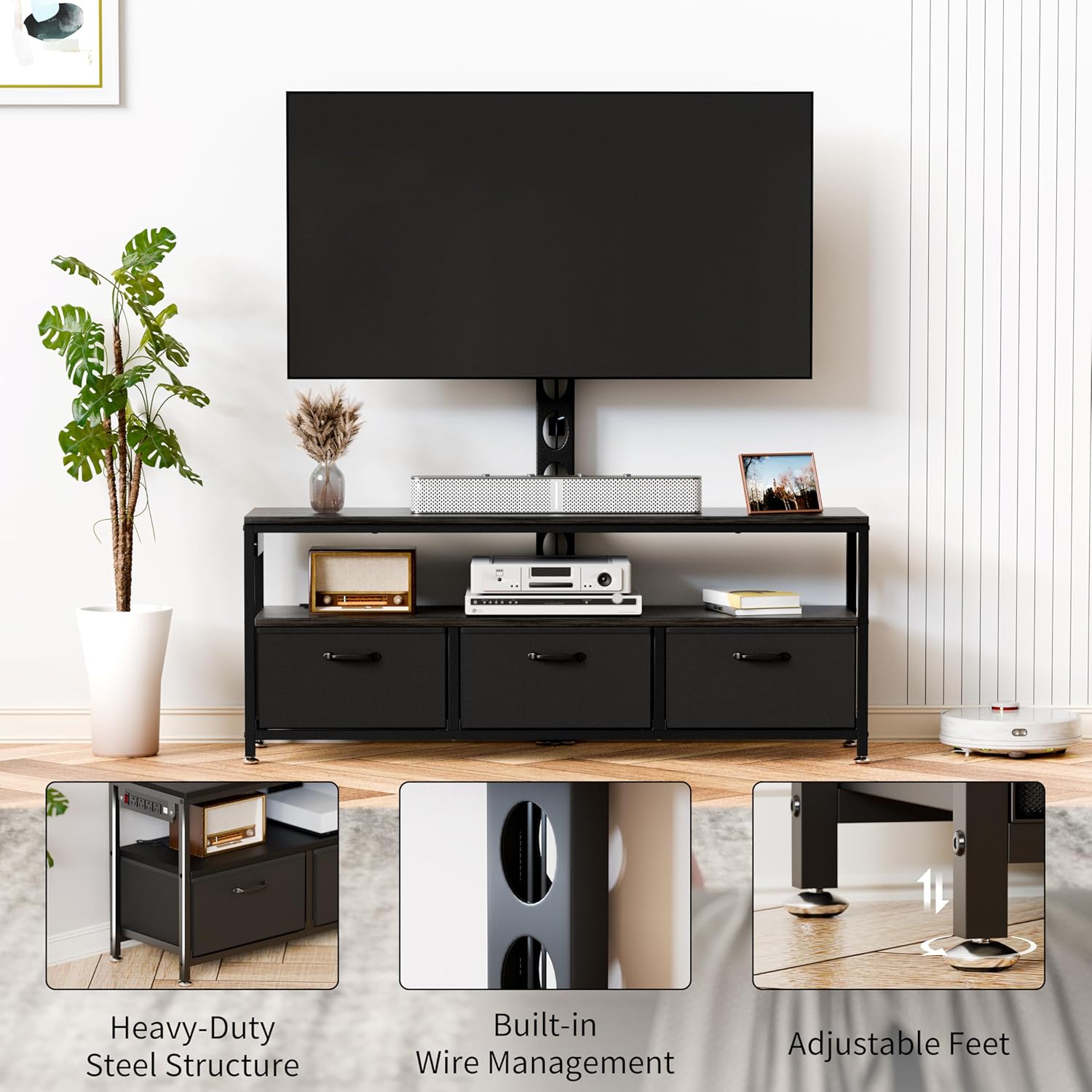 JUSTOGO TV Stand with Mount and Power Outlet, TV Stand Mount with Storage for Living Room, Entertainment Center with LED Lights for 45/55/60/65 inch, Height Adjustable Media Console, Black - Image 8