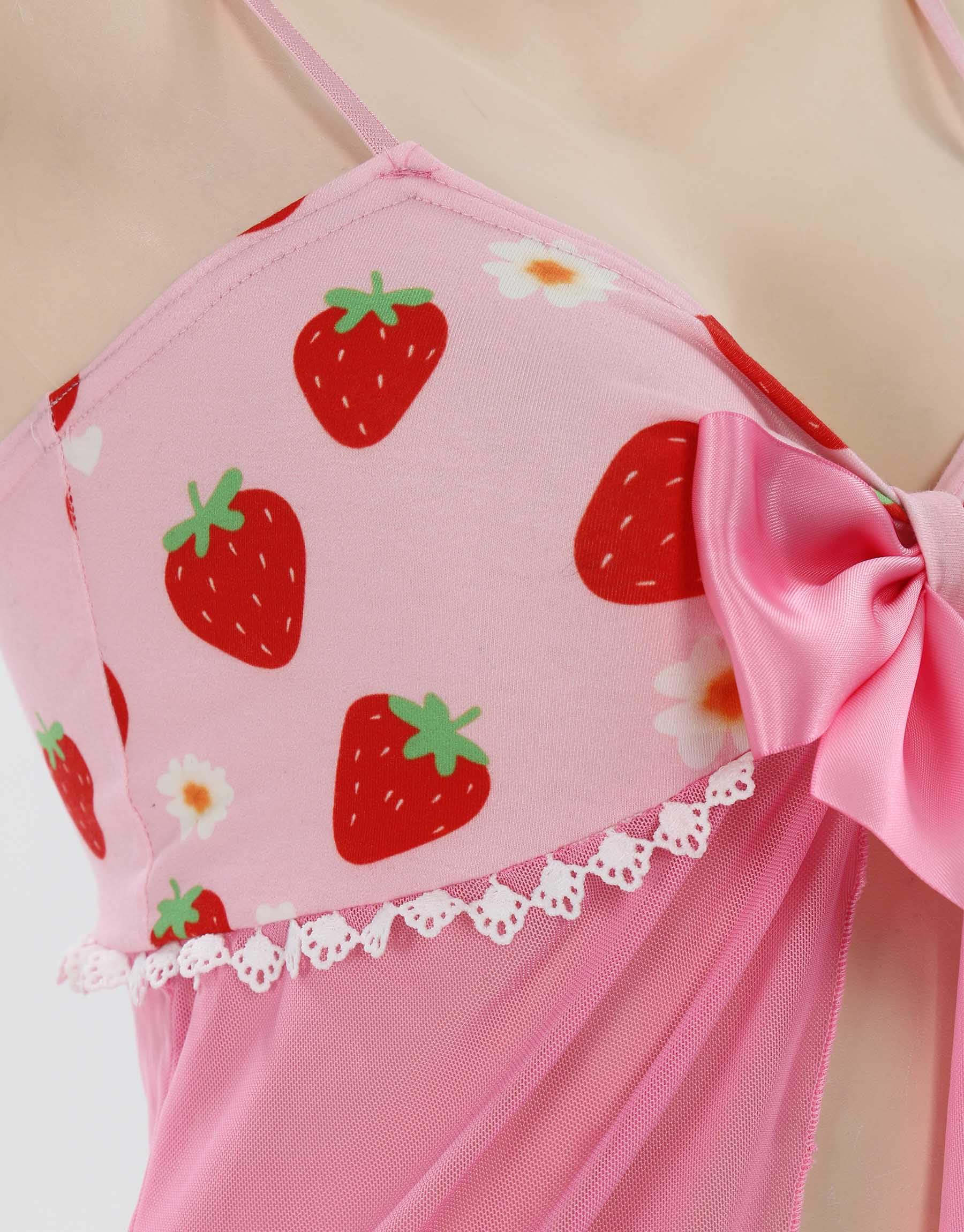 Mobbunny Pink Lace Babydoll Lingerie for Women Strap Chemise Nighties V Neck Sleepwear Strawberry Print Loungewear