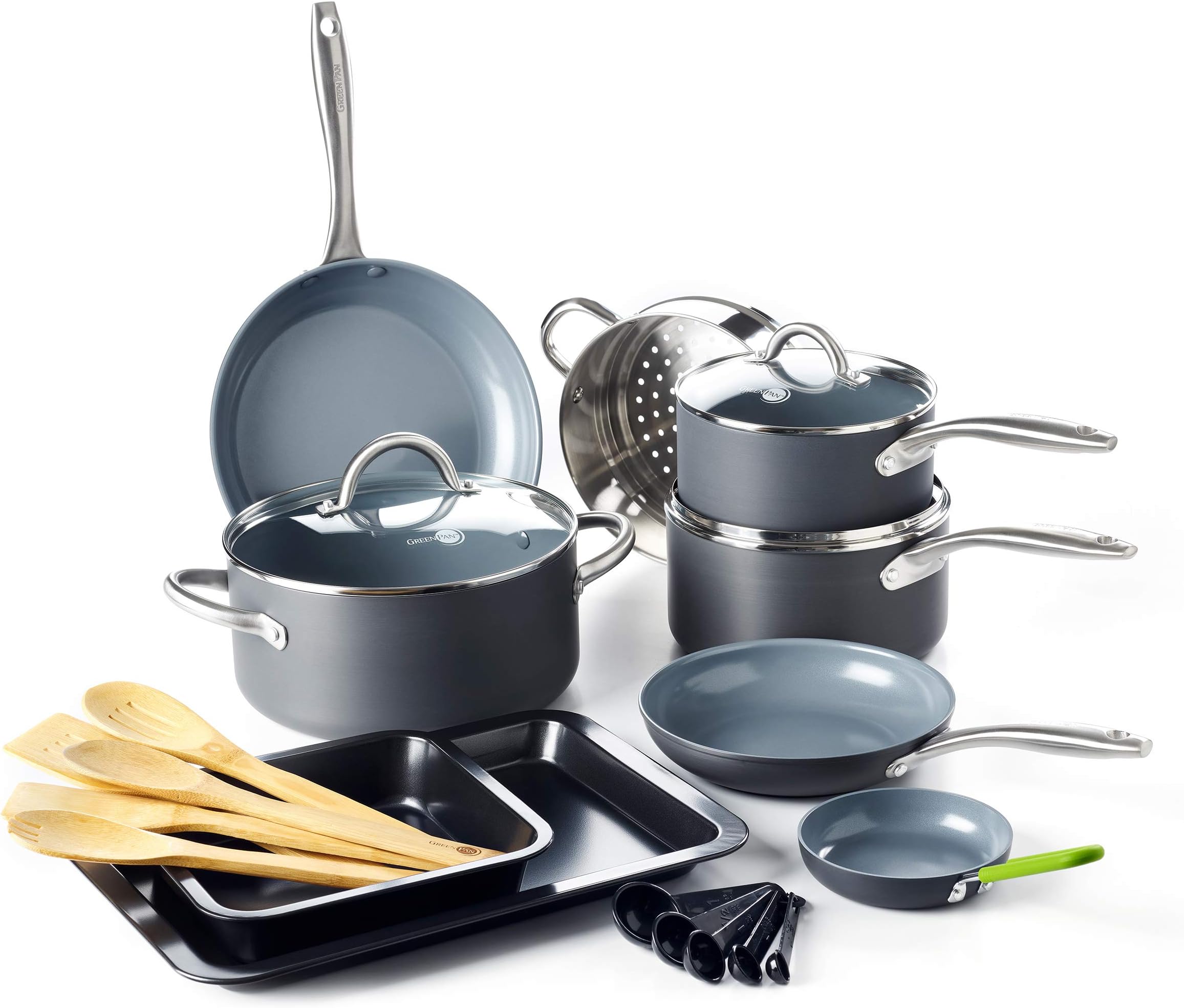 Lima Hard Anodized Healthy Ceramic Nonstick 18 Piece Cookware Bakeware Pots and Pans Set, PFAS-Free, Oven Safe, Gray
