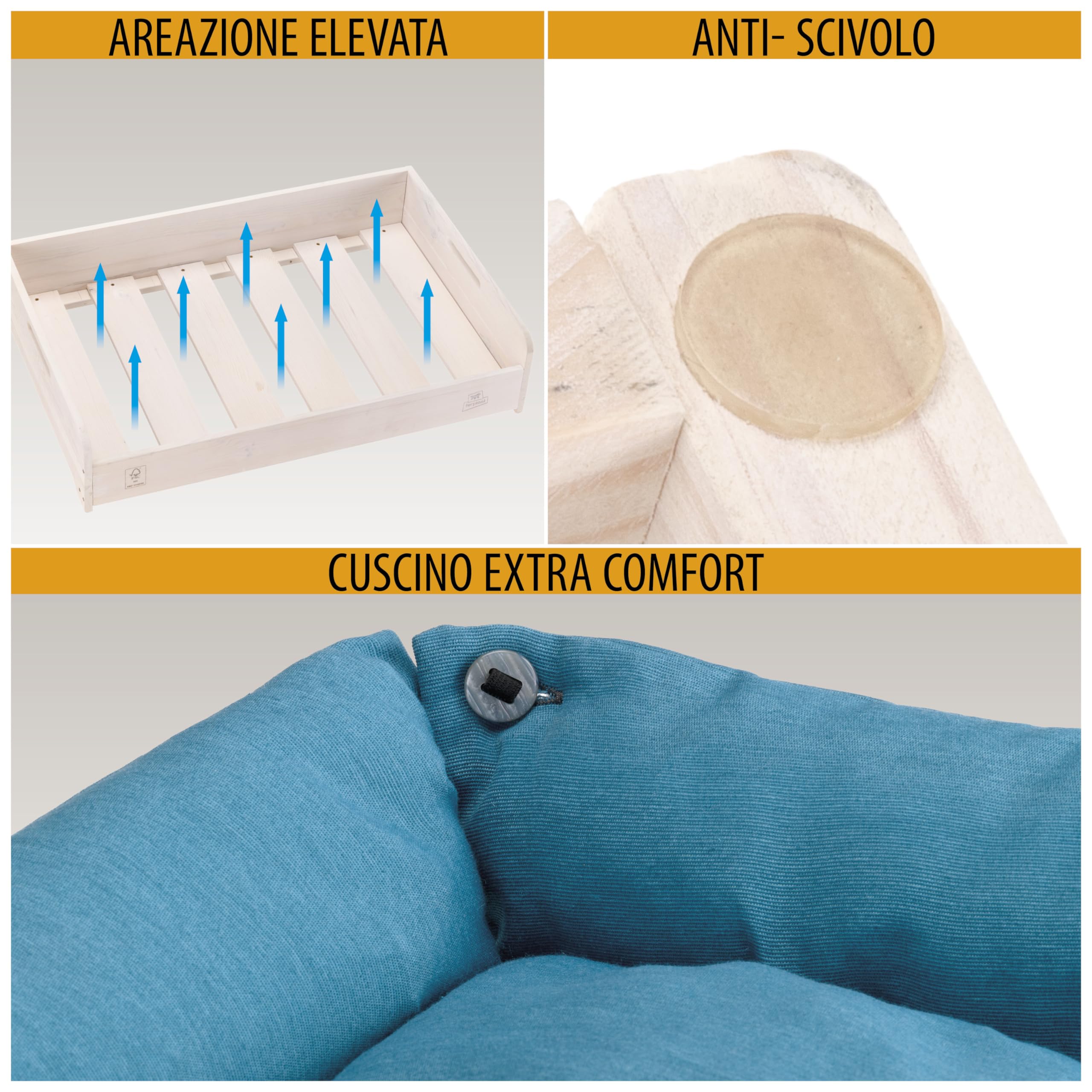 Ferplast Cuccia Cane e Gatto con Cuscino HALL, Lettino per Cani Gatti Lavabile, in Legno FSC, Cuccia per Cane da Interno, Cani Piccoli e Gatti, Traspirante e Antiscivolo, 67 x 43 x h 17 cm