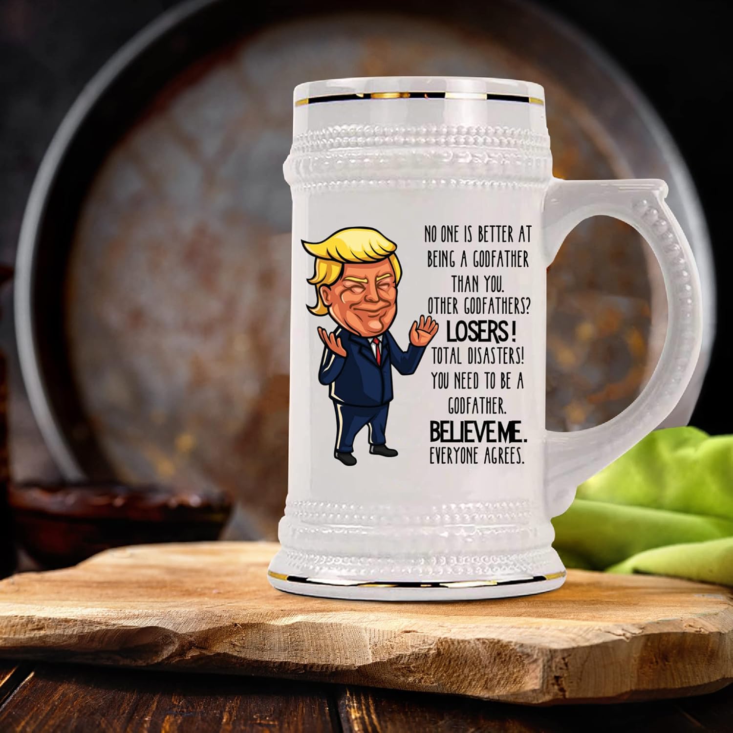 Trump Godfather Proposal Beer Mug Baby Shower Baptism Idea for Men Best Friend Brother Celebrating the Birth of Your Child Republican Political 22 oz Beer Stein for Men
