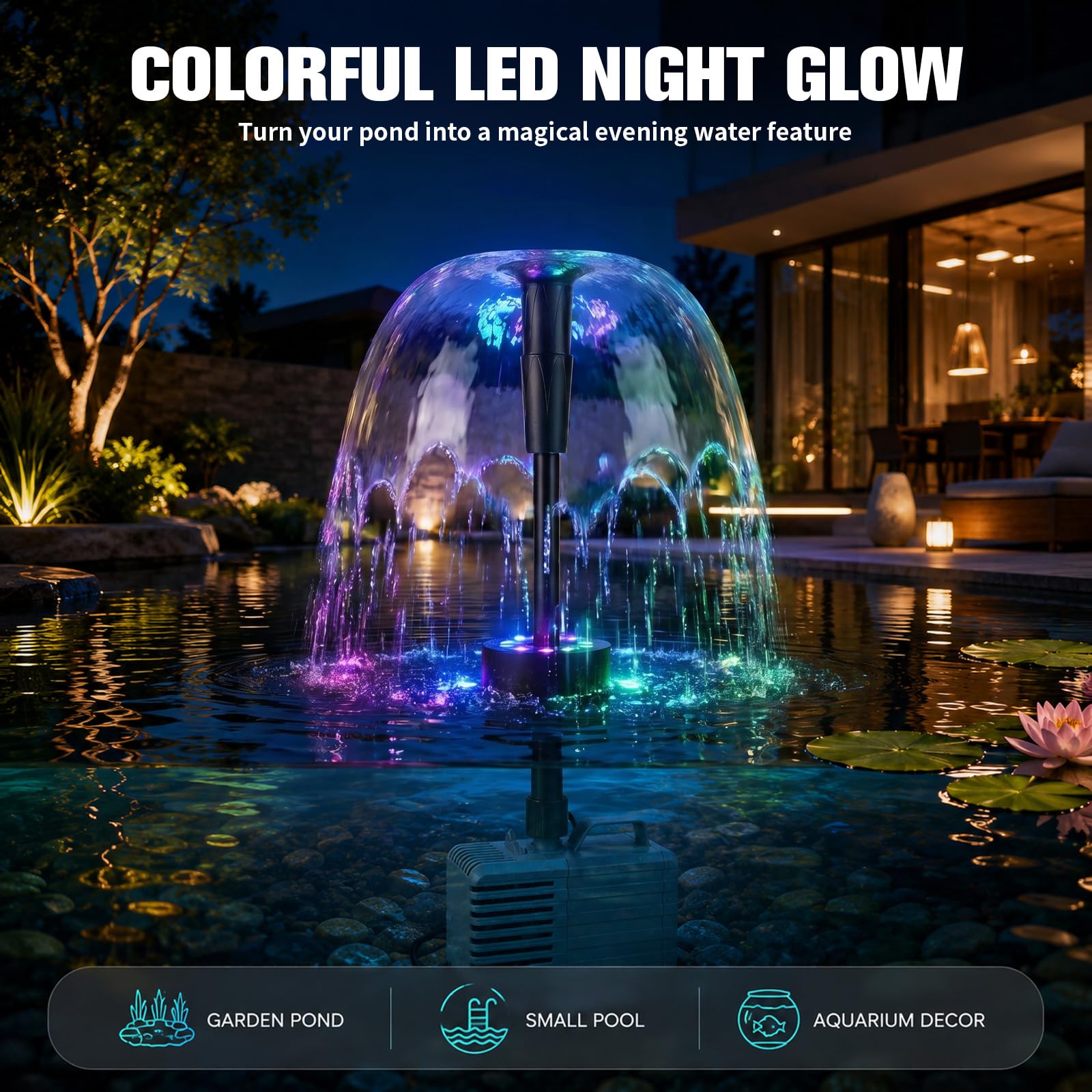 Pompa per laghetto per fontane, per esterni, 220 V, con flusso regolabile da 3200 l/h, 3 ugelli, illuminazione a LED, silenziosa, a risparmio energetico, ideale per laghetti, bacine e giochi d'acqua
