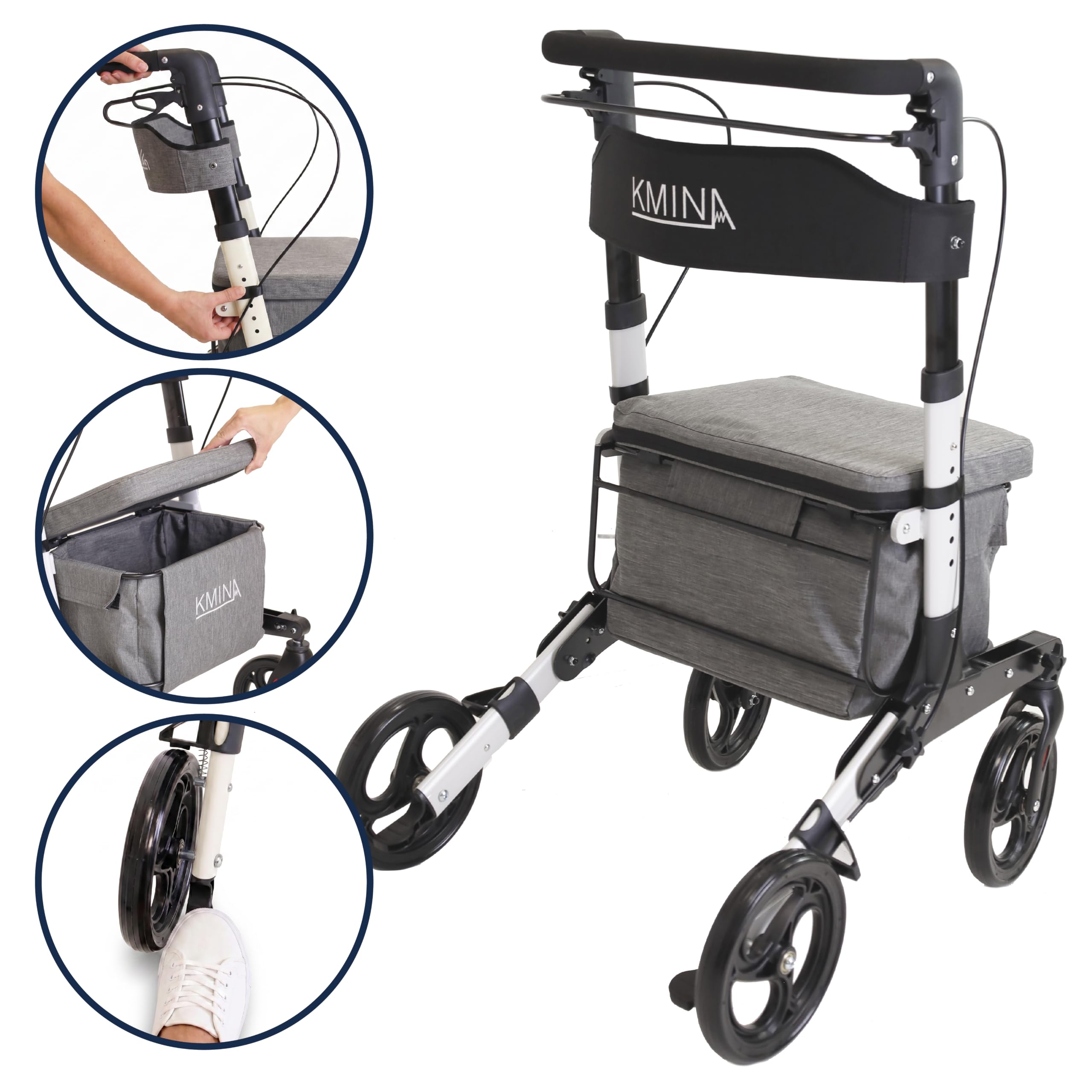 KMINA Carrello Spesa con Seduta, Deambulatore Anziani Pieghevole, Grigio | Schienale e Borsa Espandibile fino a 60 L, 4 Ruote Girevoli, Freno a Leva Singola, Altezza Regolabile, Alluminio