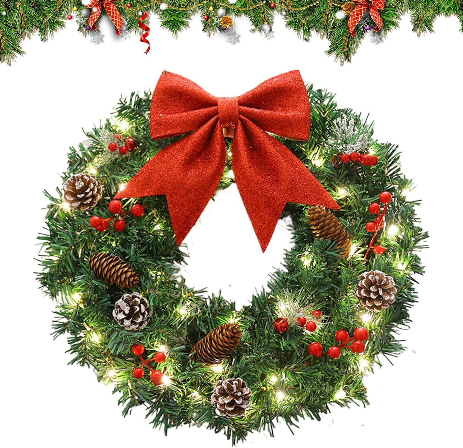 Christmas Wreath Outdoor - 15-Inch Artificial Wreath, Front Door Christmas Decor, Festive Design with LED Lights, Holiday Accessory for Home, Indoor, Window, Wall, Garden, Yard, and Winter Use - Image 9