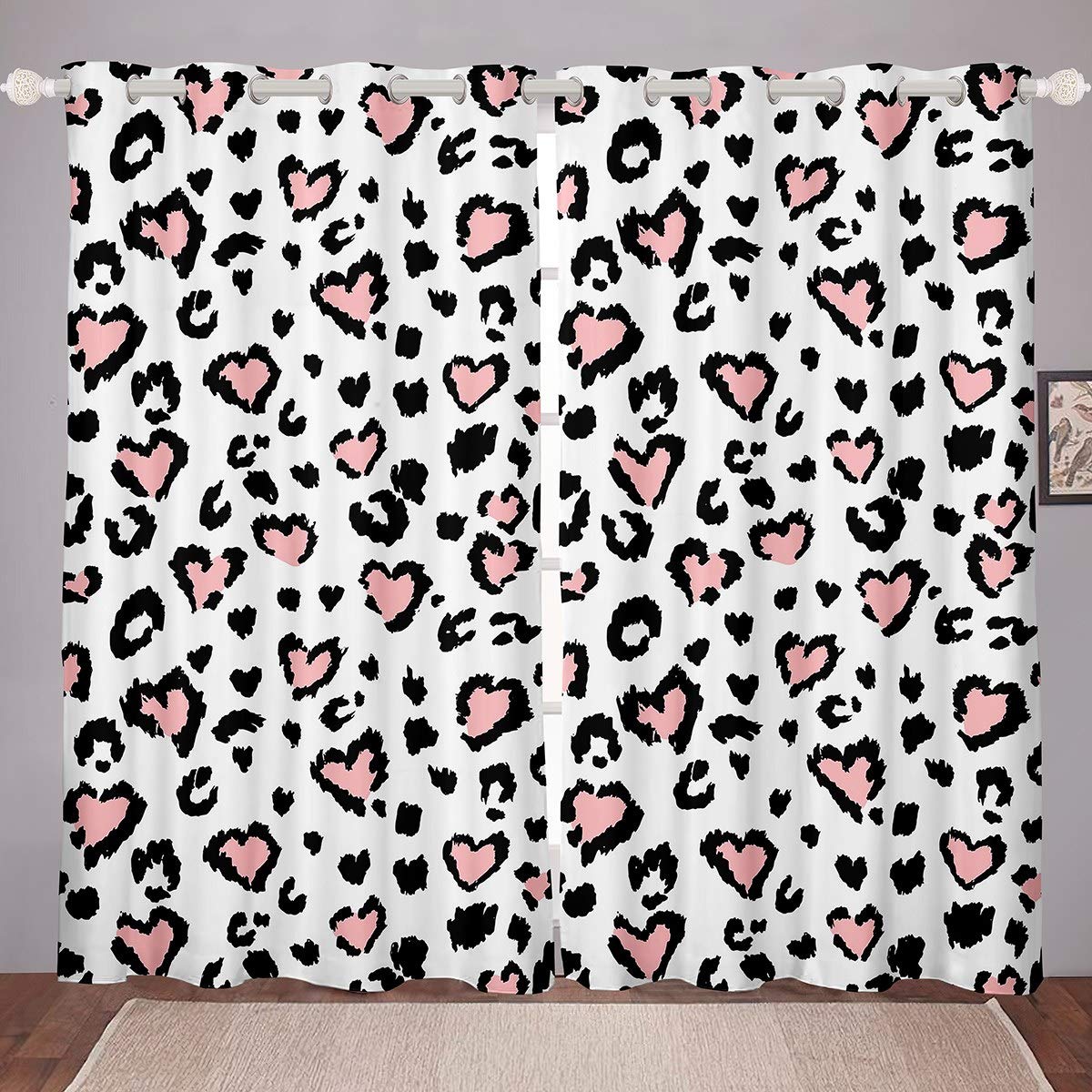 Loussiesd Girls Colour 5 Leopard Print Curtain For Children Adults Cheetah Print Window Curtain Panels Decorative Cute Heart Pattern Window Drapes Wild Animal Theme Darkening Curtain With Grommet W66*L72