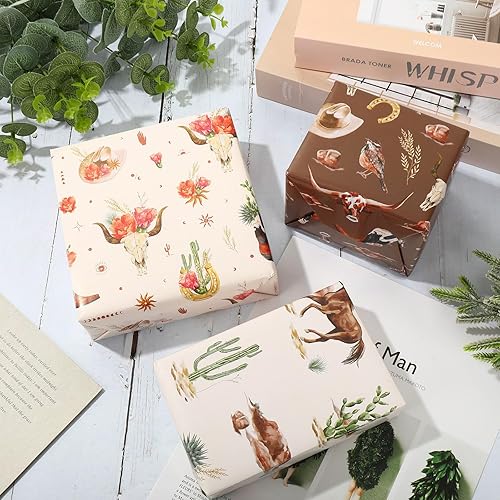 Miniatura 4 de AnyDesign - 12 hojas de papel de regalo de vaquero del oeste del oeste, papel de regalo de cactus, caballo occidental, papel de regalo plegable a