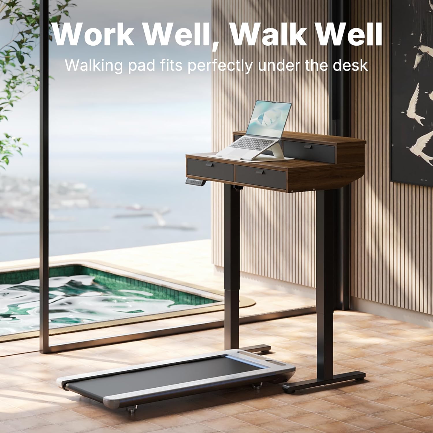 HUANUO 32 x 20 inch Electric Standing Desk with 4 Drawers, Adjustable Height Sit Stand Home Office Desk, C-Clamp Mount Compatible, Ergonomic Stand up Desk with 4 Preset Heights, Walnut