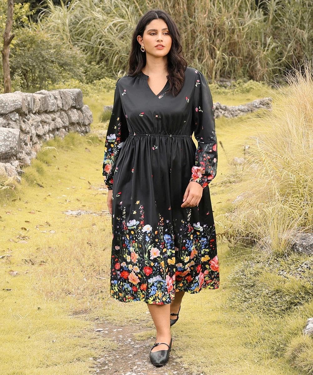TIYOMI Women's Fall Maxi Dress Plus Size 5X Long Sleeve V Neck Black Floral Dress Flowy Cocktail Party Dresses for Curvy Women Casual Maxi Fall Spring Formal Dresses 5XL 28W - Image 4