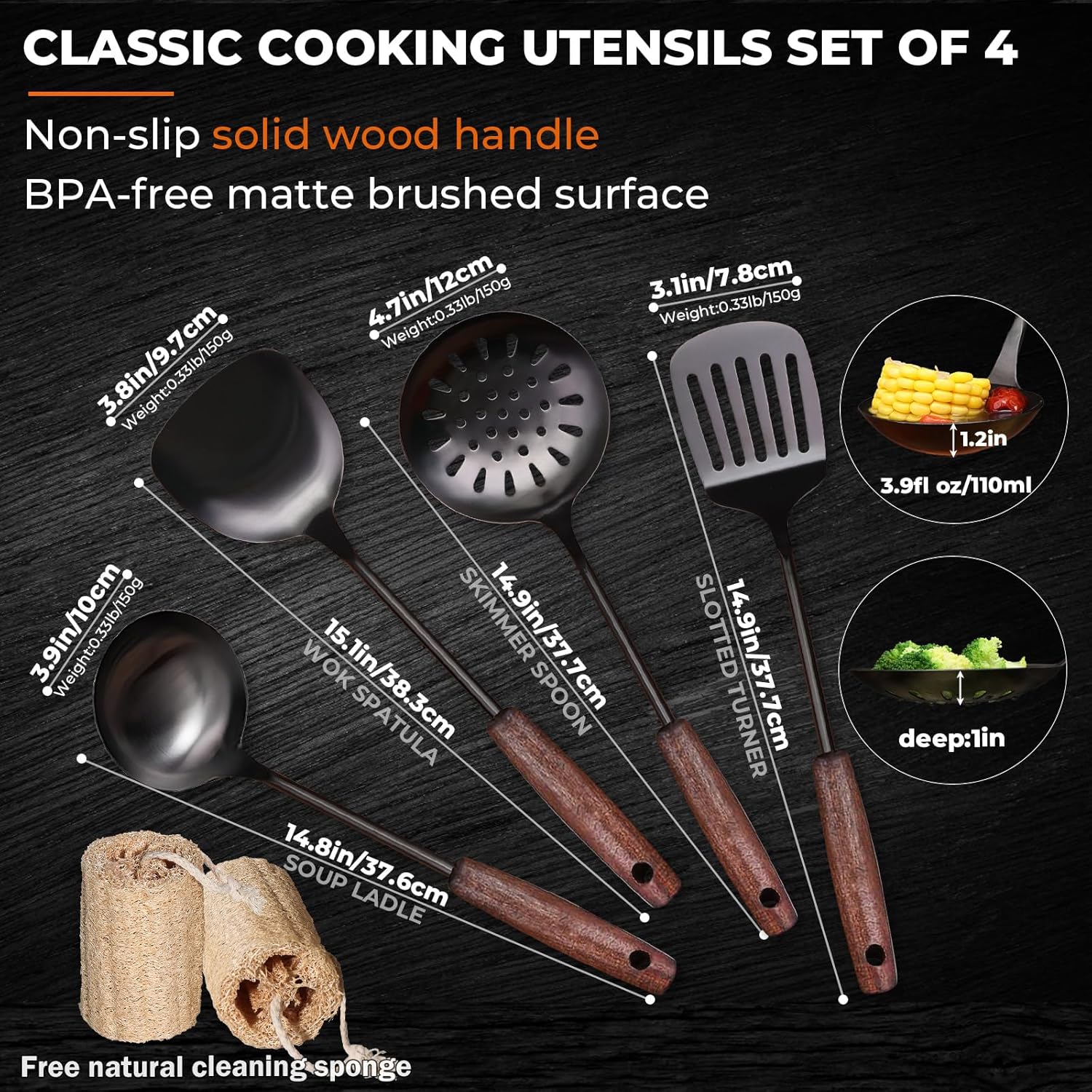 MARTE 15" Wok Spatula Turner and Ladle,Skimmer Spoon Tool Set - 18/10 Stainless Steel Vintage Cooking Utensils Set - Set of 4 High Grade Titanium Plating Kitchen Wok Utensils with Solid Wooden Handle