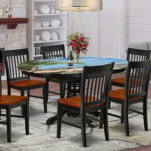 Miniatura 9 de XISUNYA Mantel ovalado ajustable de poliéster con bordes elásticos de orilla del mar, protector de mesa ajustable con estampado de árboles y vistas