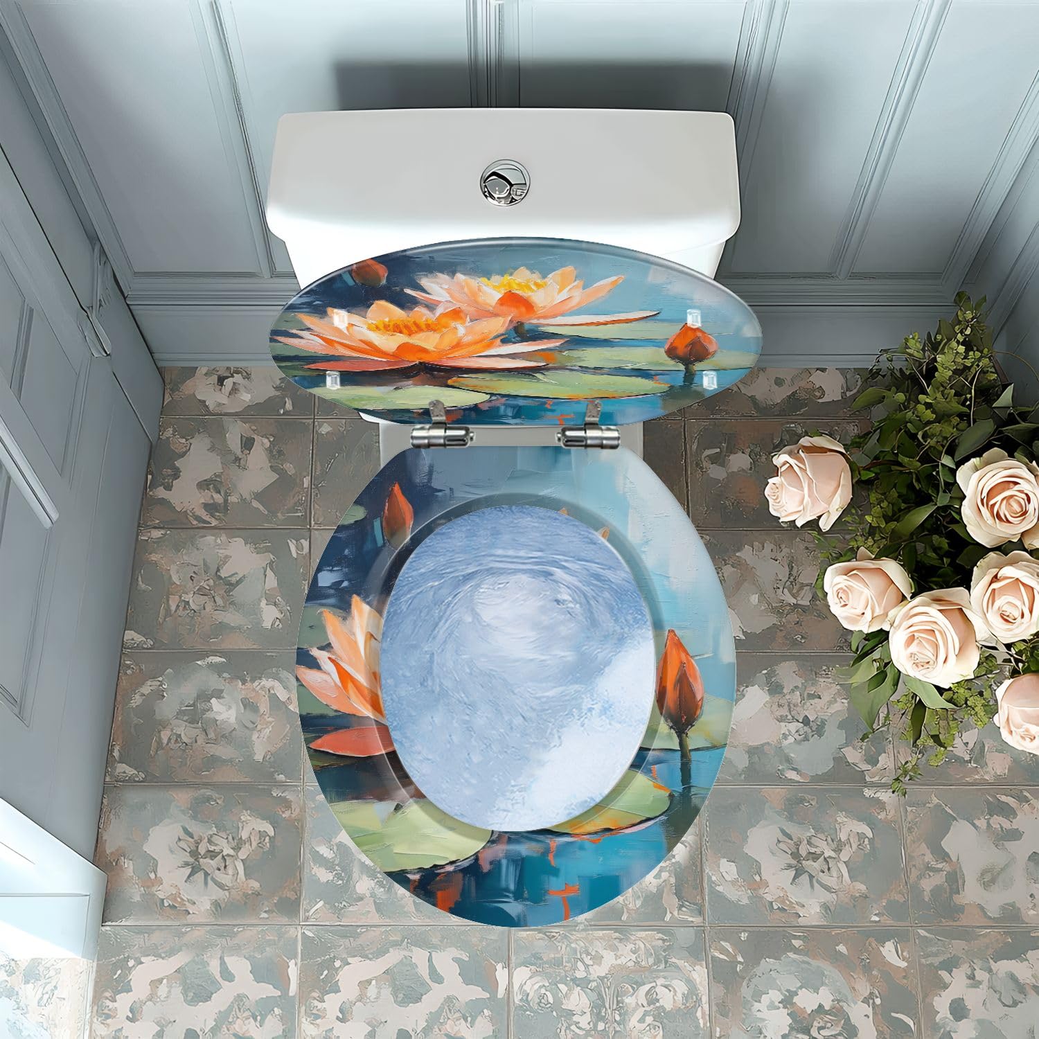 Asiento de inodoro redondo de resina con bisagras de cierre suave para baño.