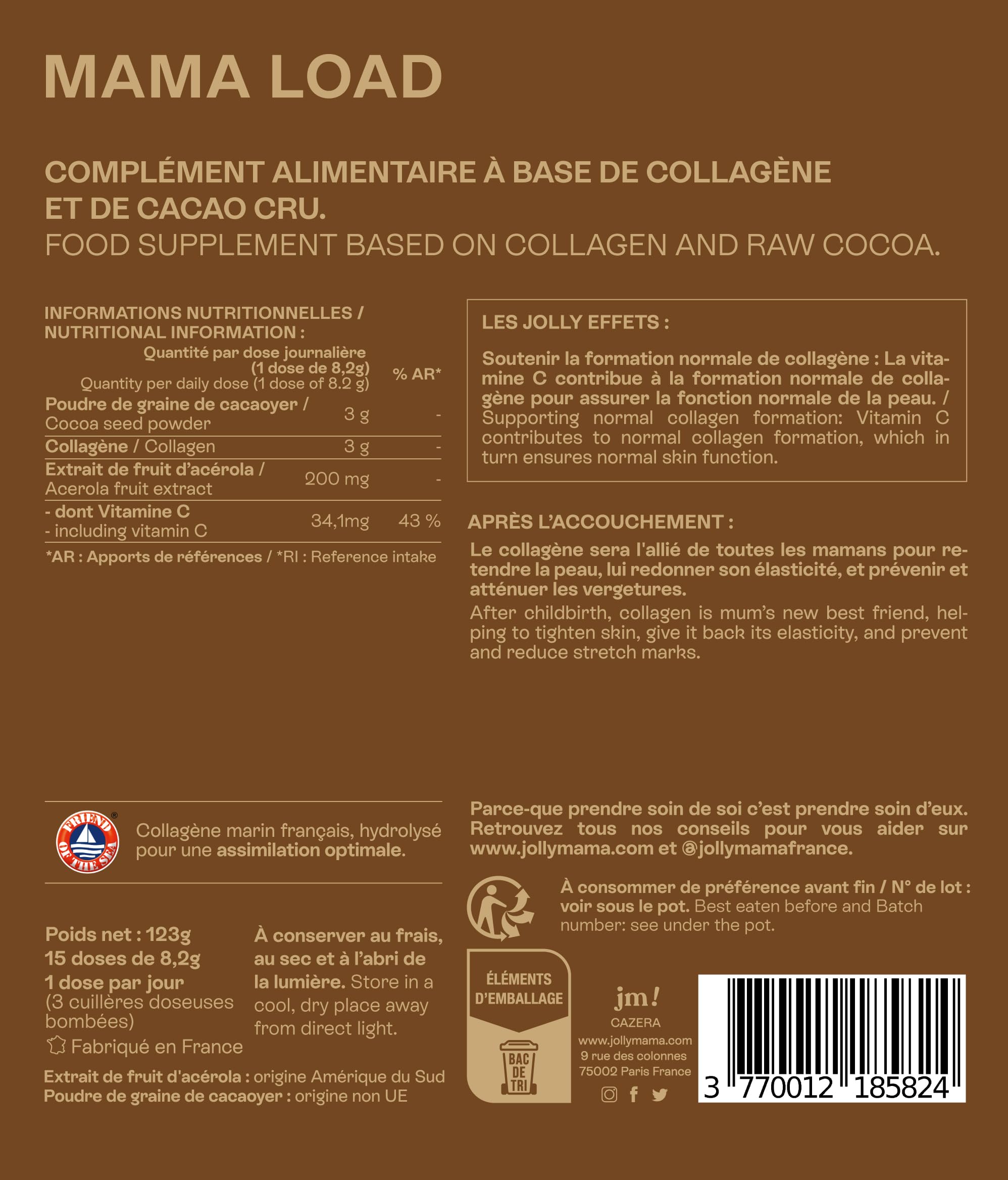 Jolly mama! Mama Load | Poudre à Boire, Collagène Marin au Cacao | Enrichi en Vitamine C | Peau & Cartilage | Sans Gluten | Compatible Grossesse & Allaitement | Fabriqué en France | Pot 112g
