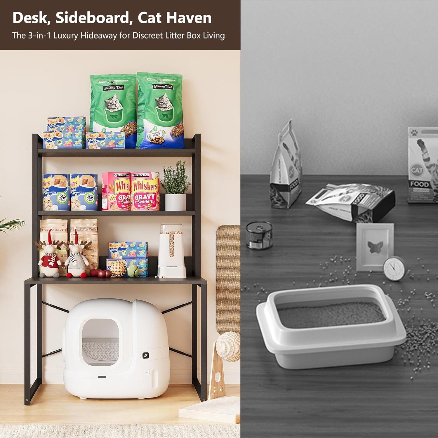Large Self Cleaning Litter Box Table with Storage Shelf, Enclosed Hidden Cat Furniture for Large Litter Boxes, Space Saving Furniture for Cat Cage 53.5" H
